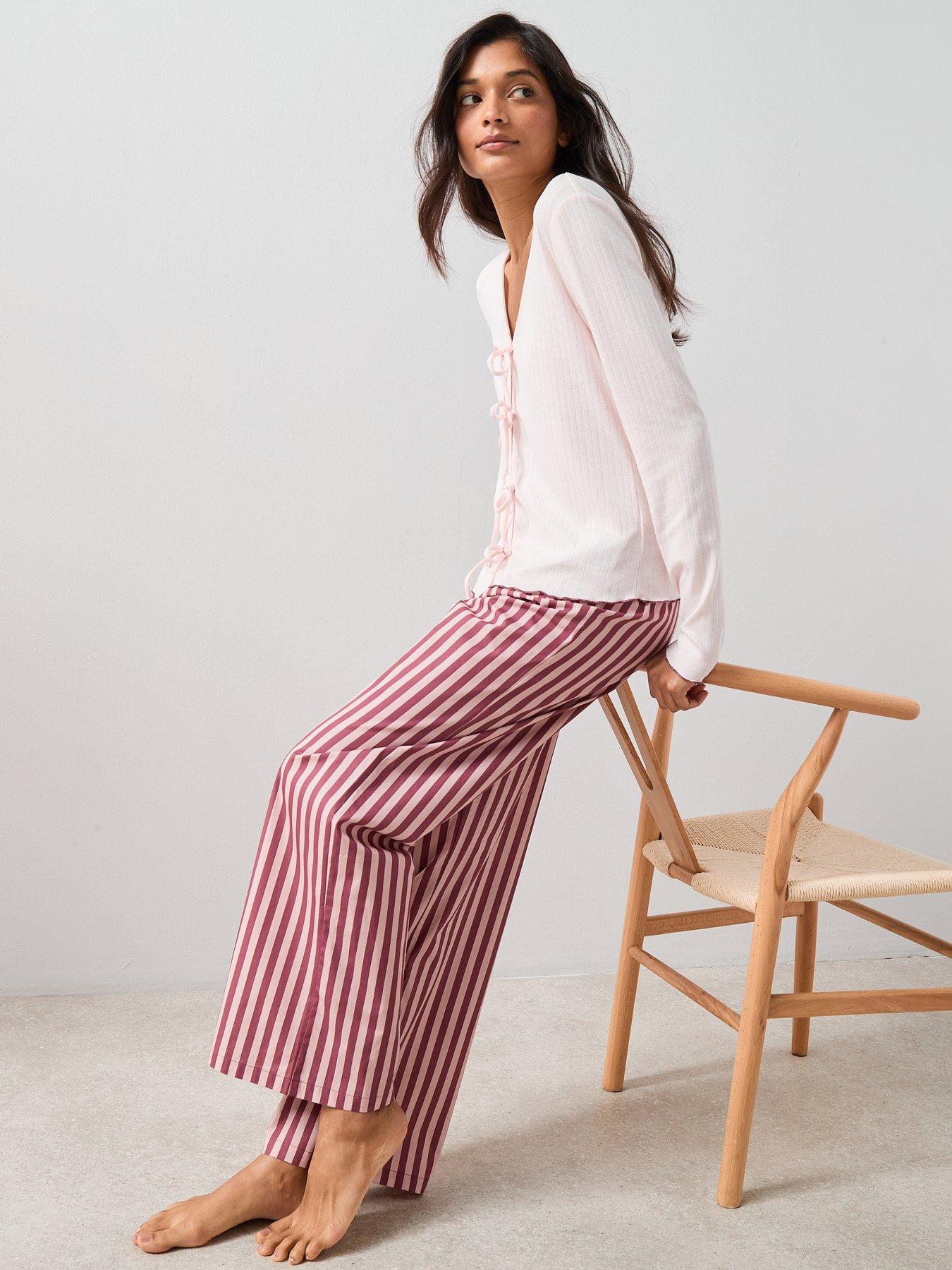The Very Collection Jersey Tie Front Detail And Stripe Woven Bottom Pyjama Set - Pink