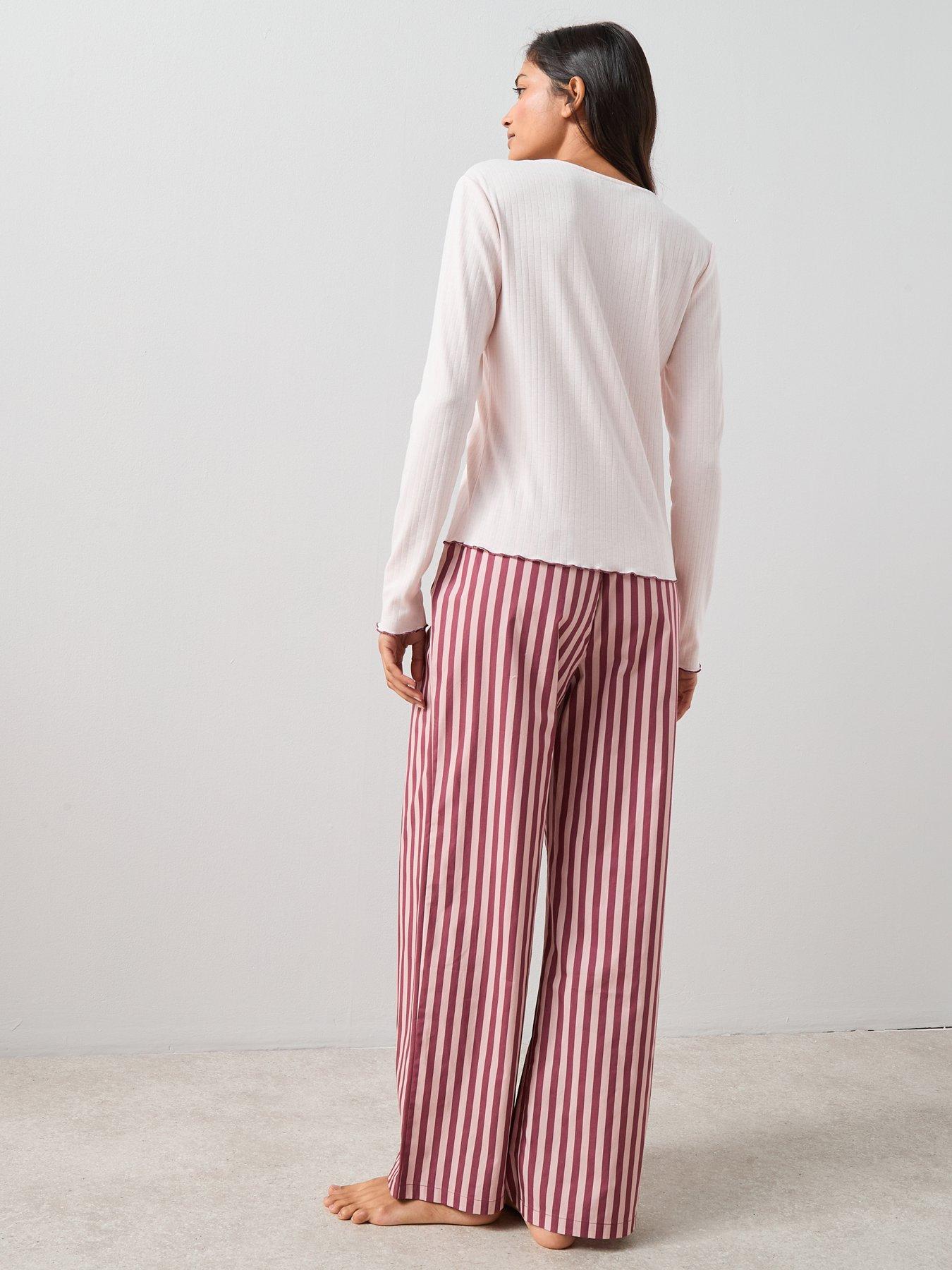 Image 2 of 7 of The Very Collection Jersey Tie Front Detail And Stripe Woven Bottom Pyjama Set - Pink