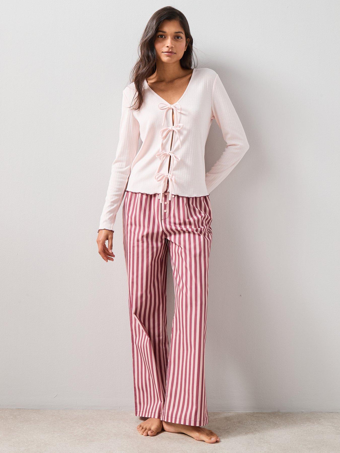 Image 3 of 7 of The Very Collection Jersey Tie Front Detail And Stripe Woven Bottom Pyjama Set - Pink