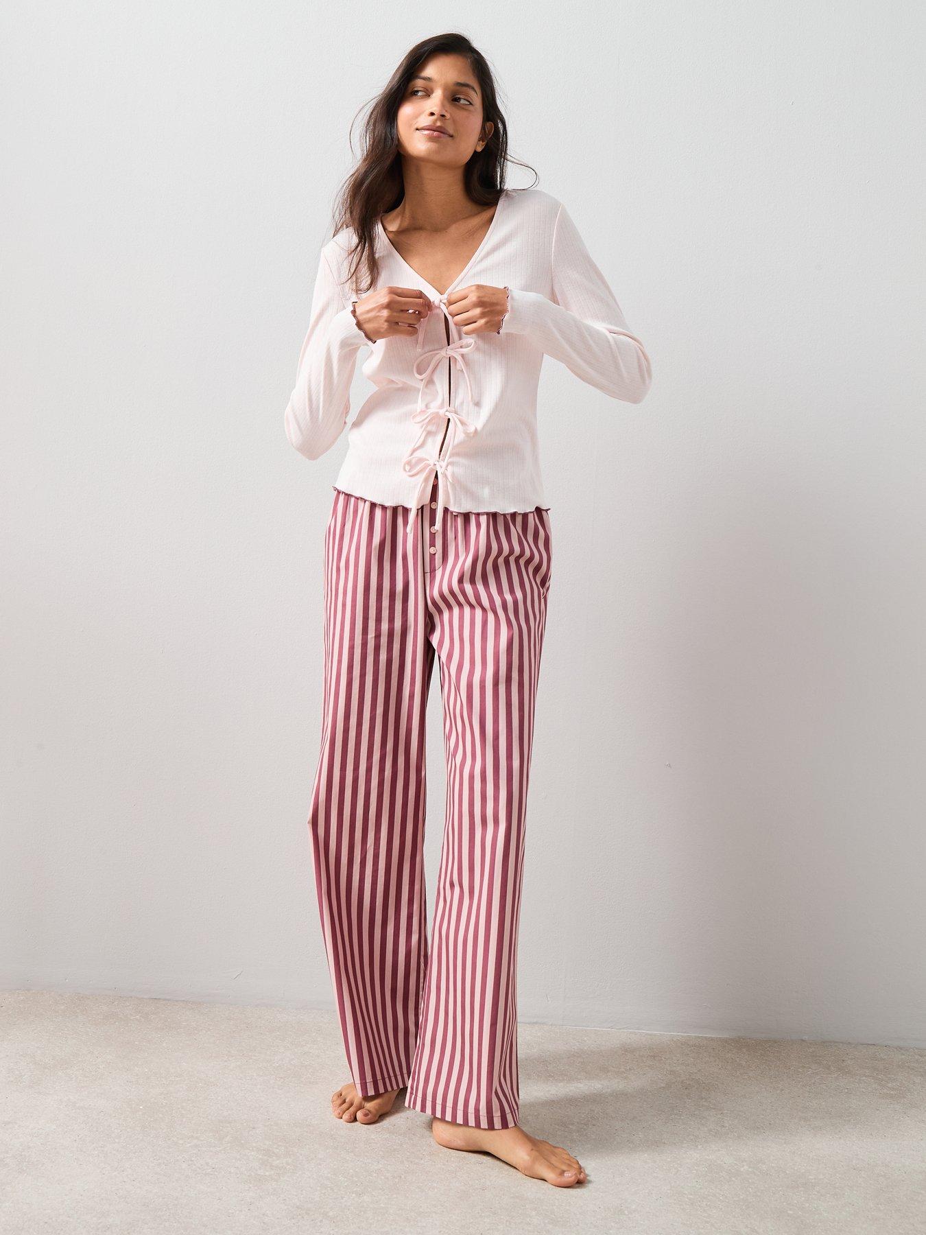 Image 4 of 7 of The Very Collection Jersey Tie Front Detail And Stripe Woven Bottom Pyjama Set - Pink