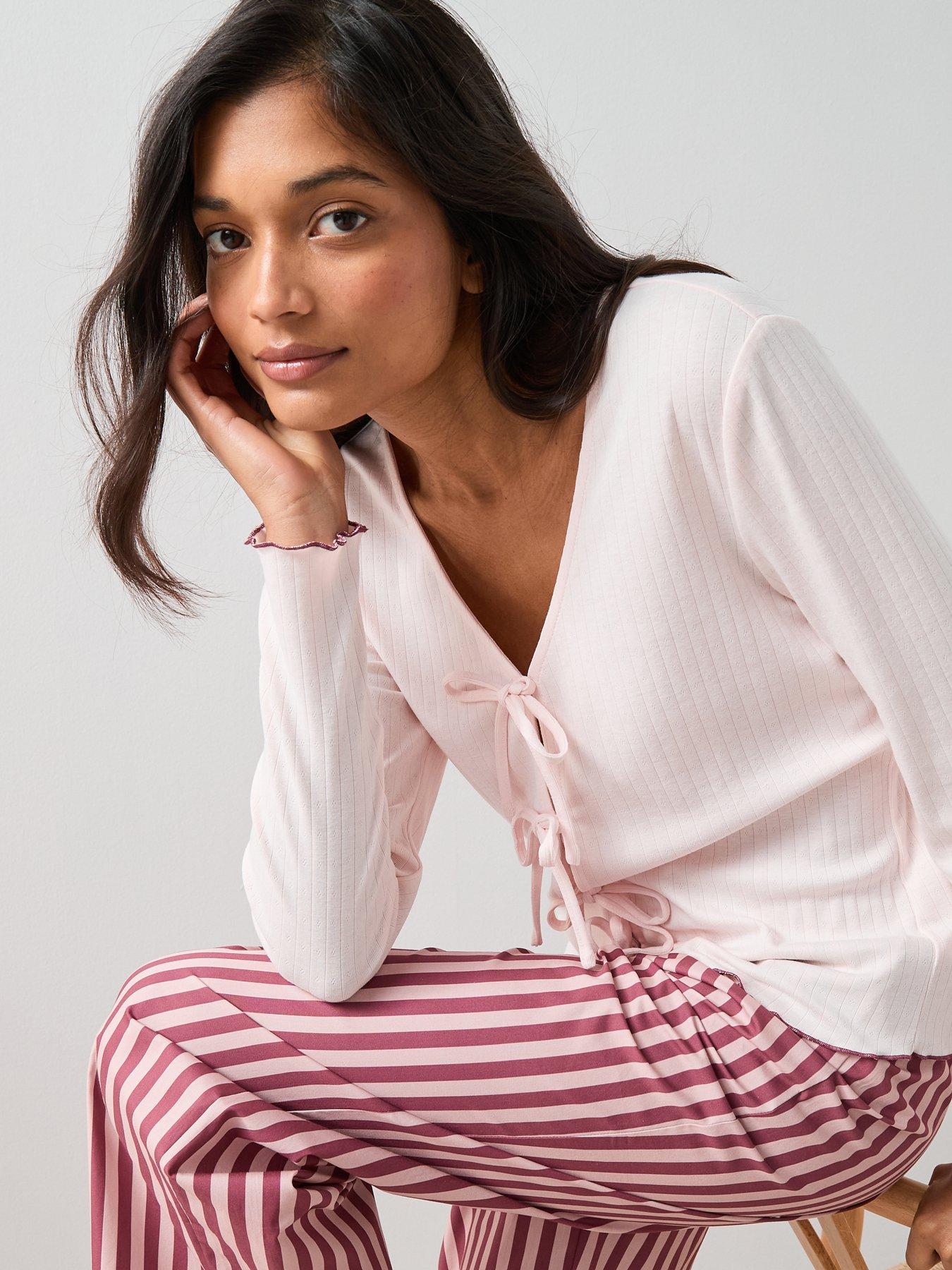 Image 6 of 7 of The Very Collection Jersey Tie Front Detail And Stripe Woven Bottom Pyjama Set - Pink