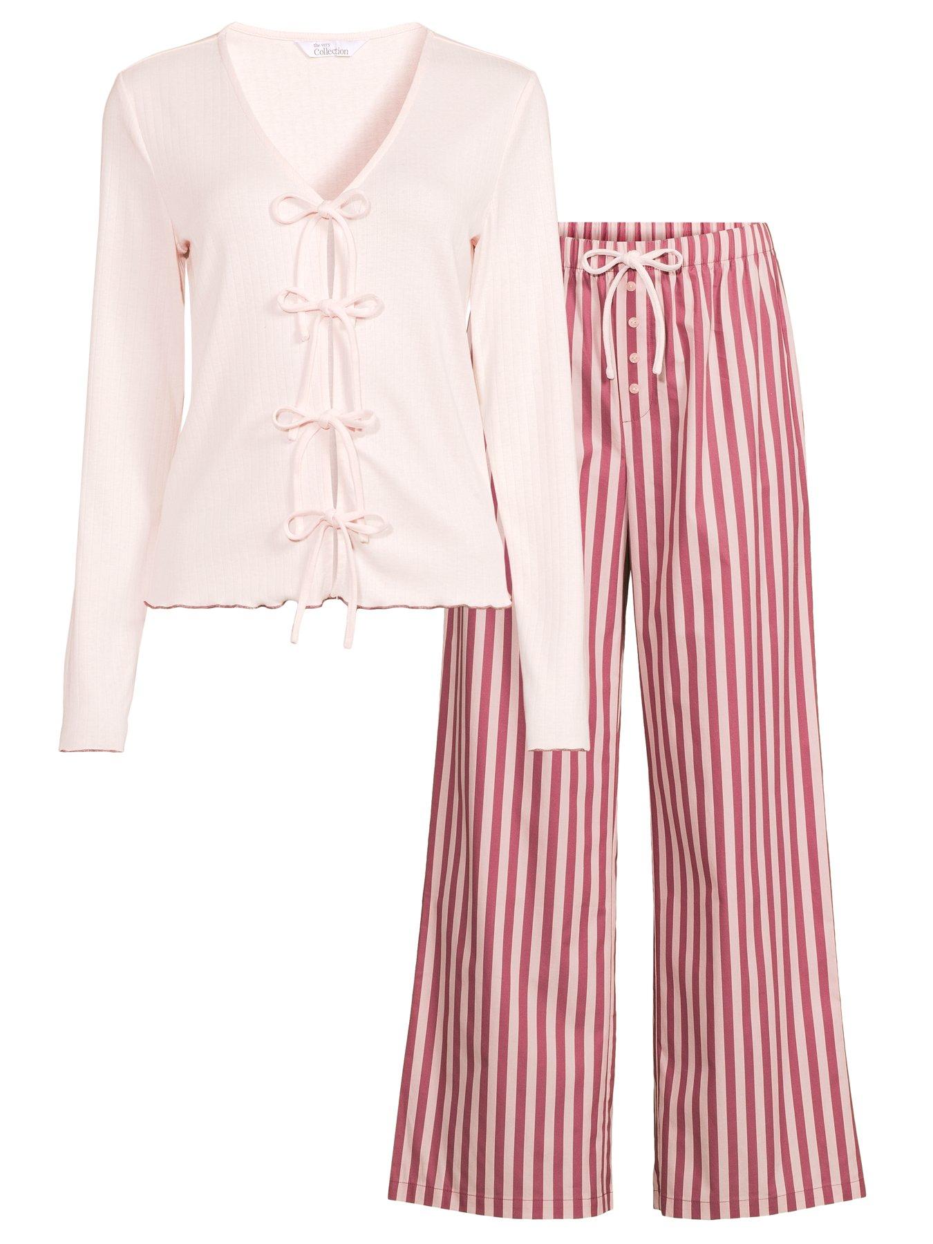 Image 7 of 7 of The Very Collection Jersey Tie Front Detail And Stripe Woven Bottom Pyjama Set - Pink
