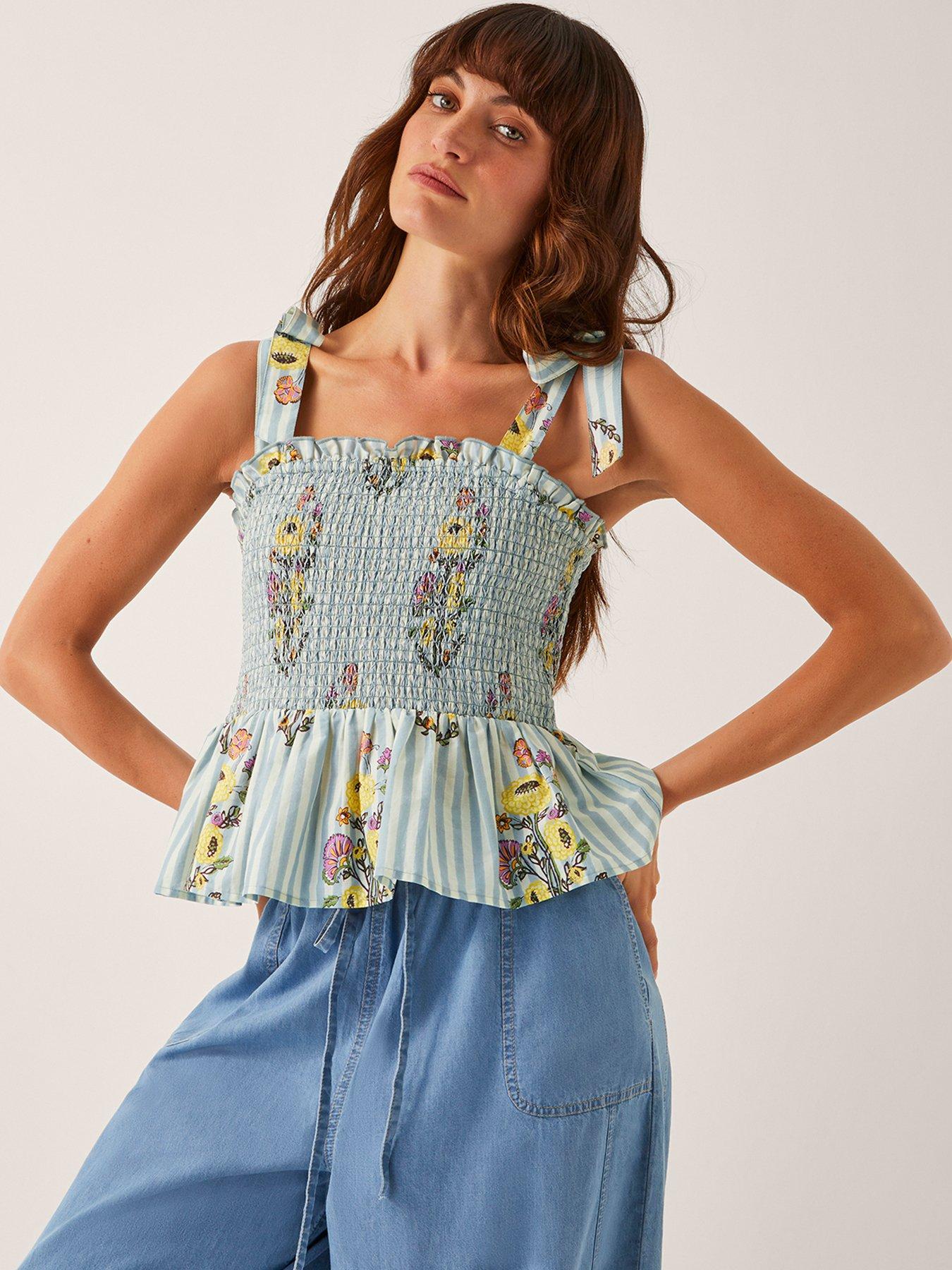 Image 1 of 5 of Monsoon Lucille Shirred Top - Blue