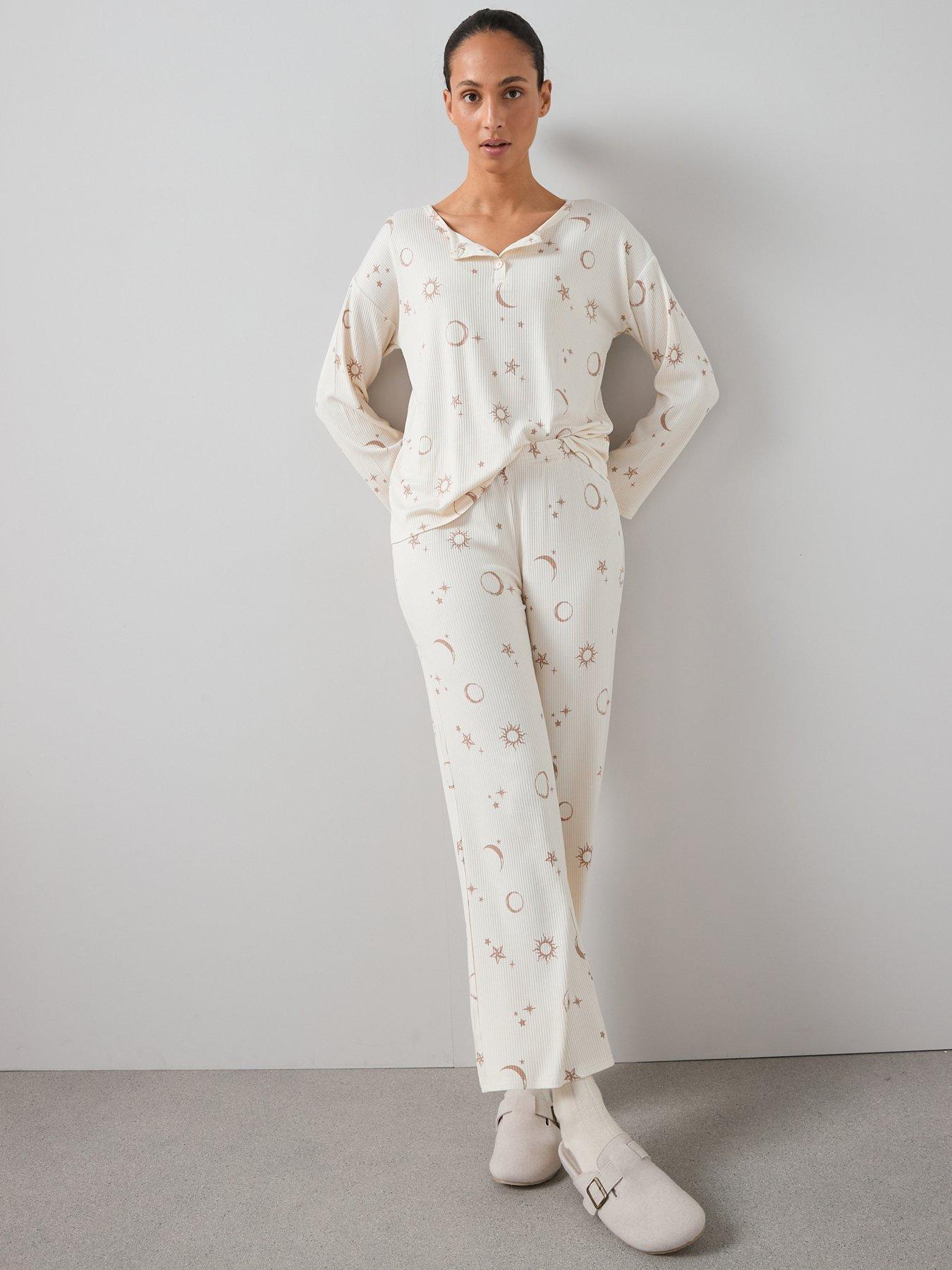 front image of the-very-collection-soft-touch-rib-henley-star-and-moon-wide-leg-pj-set-white