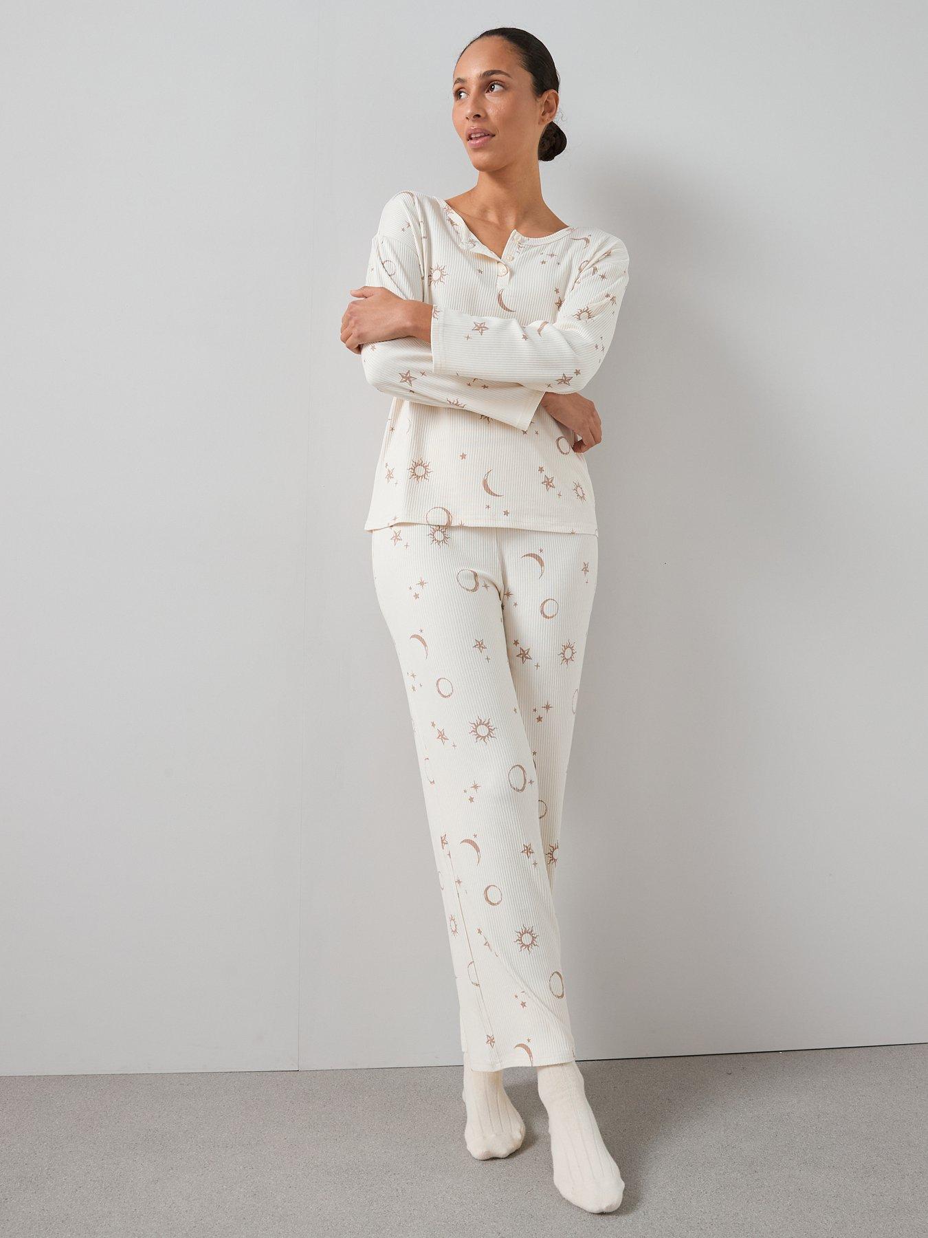  image of the-very-collection-soft-touch-rib-henley-star-and-moon-wide-leg-pj-set-white
