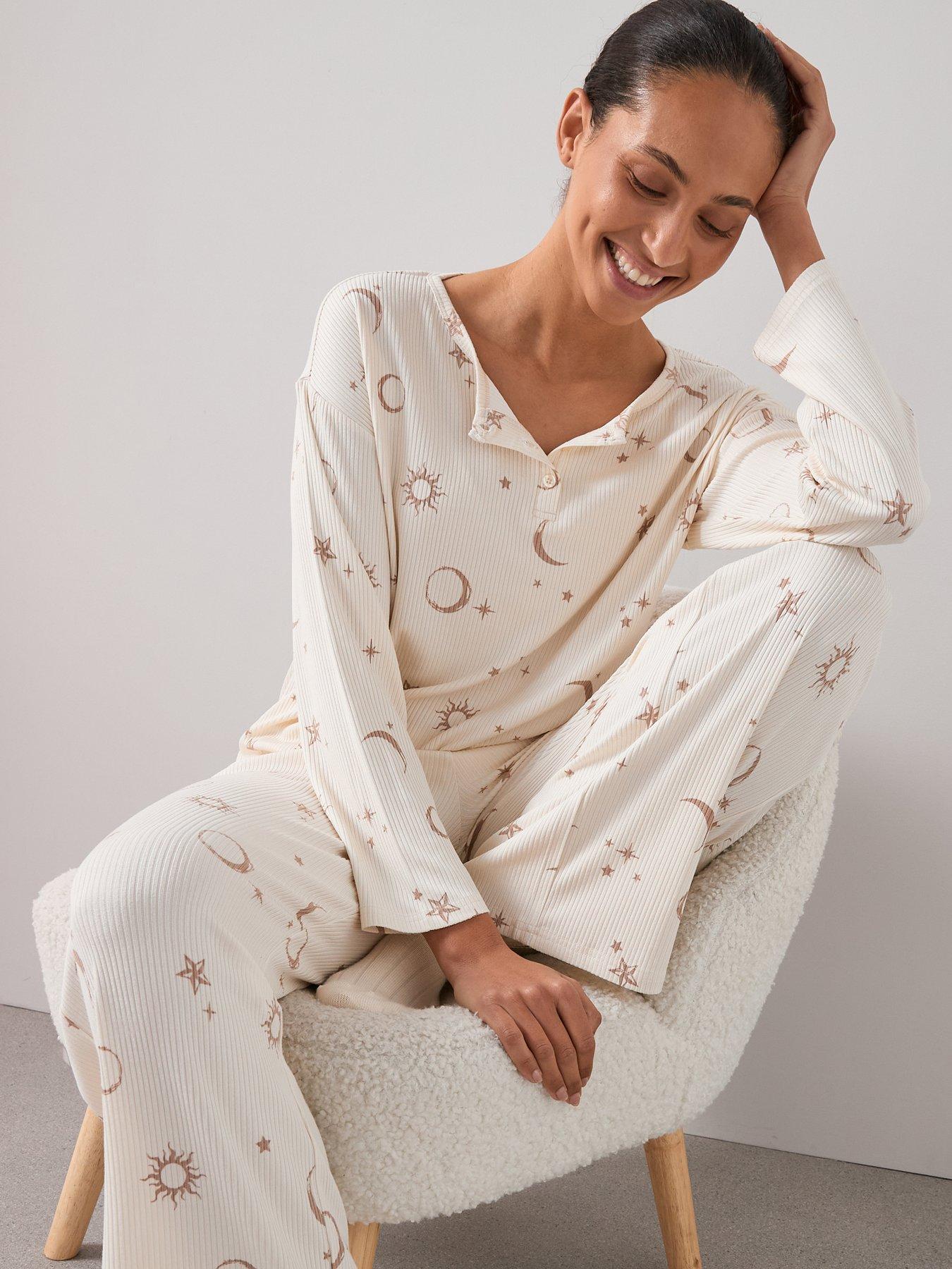  image of the-very-collection-soft-touch-rib-henley-star-and-moon-wide-leg-pj-set-white
