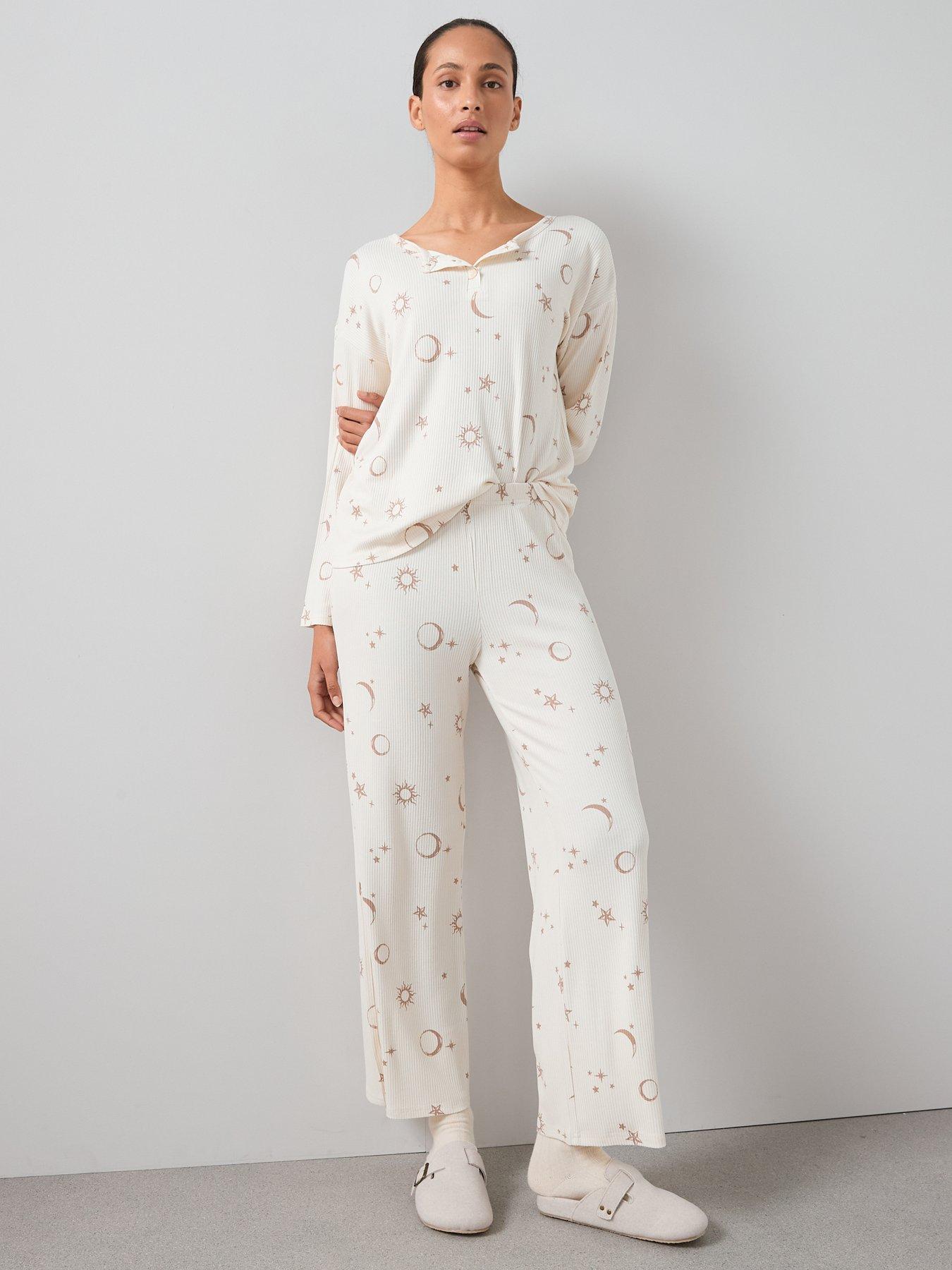  image of the-very-collection-soft-touch-rib-henley-star-and-moon-wide-leg-pj-set-white