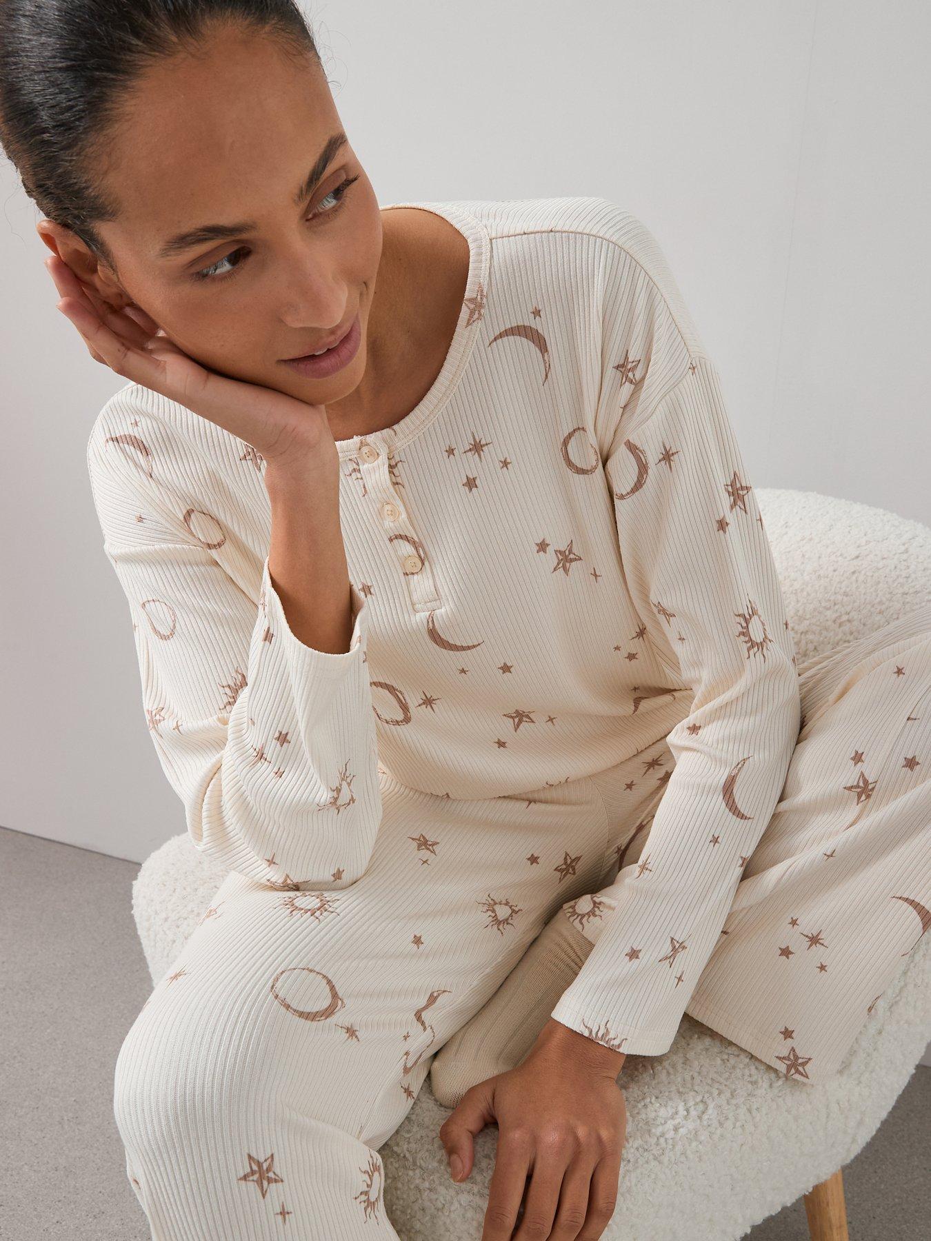  image of the-very-collection-soft-touch-rib-henley-star-and-moon-wide-leg-pj-set-white