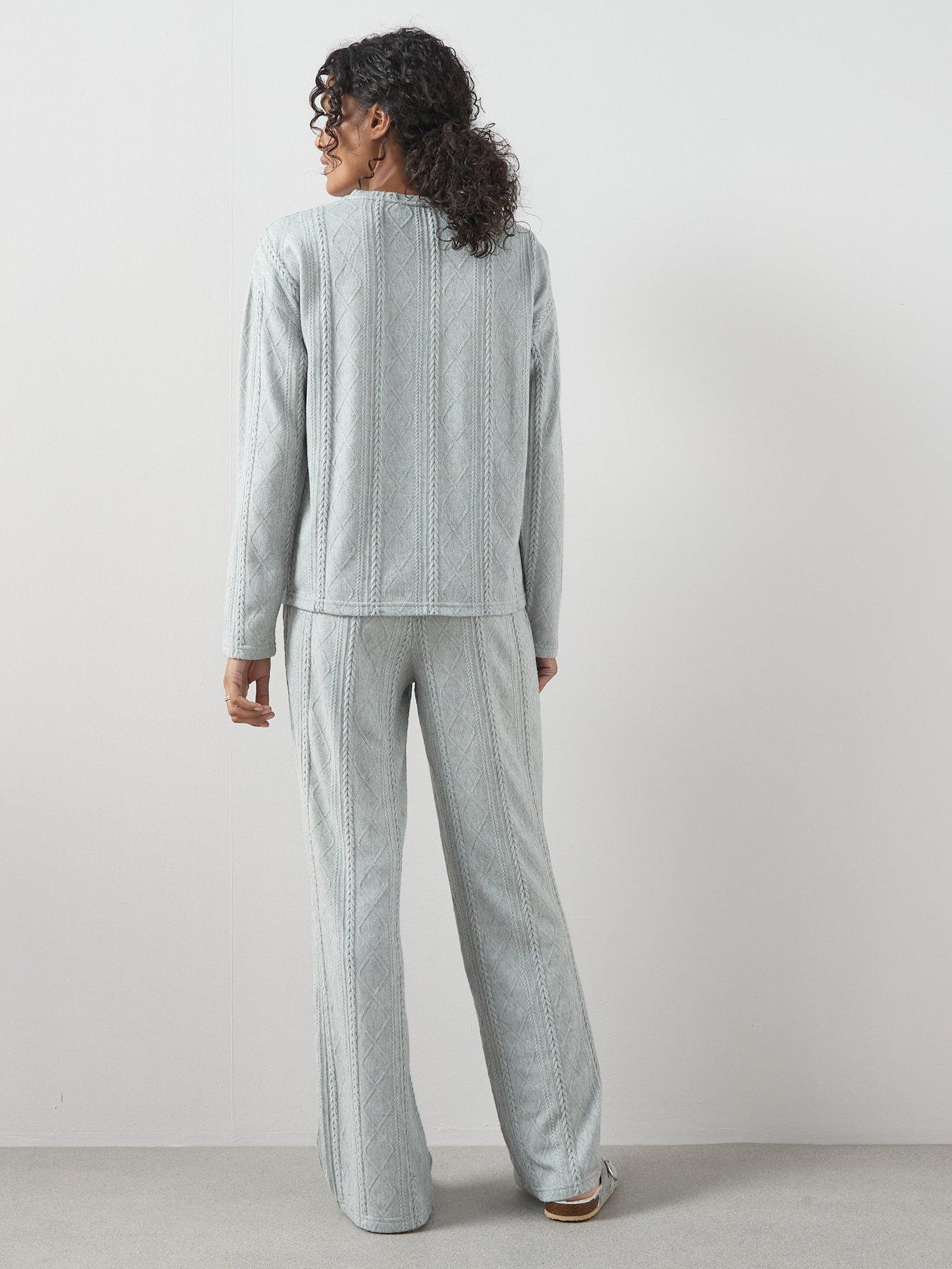 stillFront image of the-very-collection-cable-knit-long-sleeve-and-wide-leg-lounge-set-grey