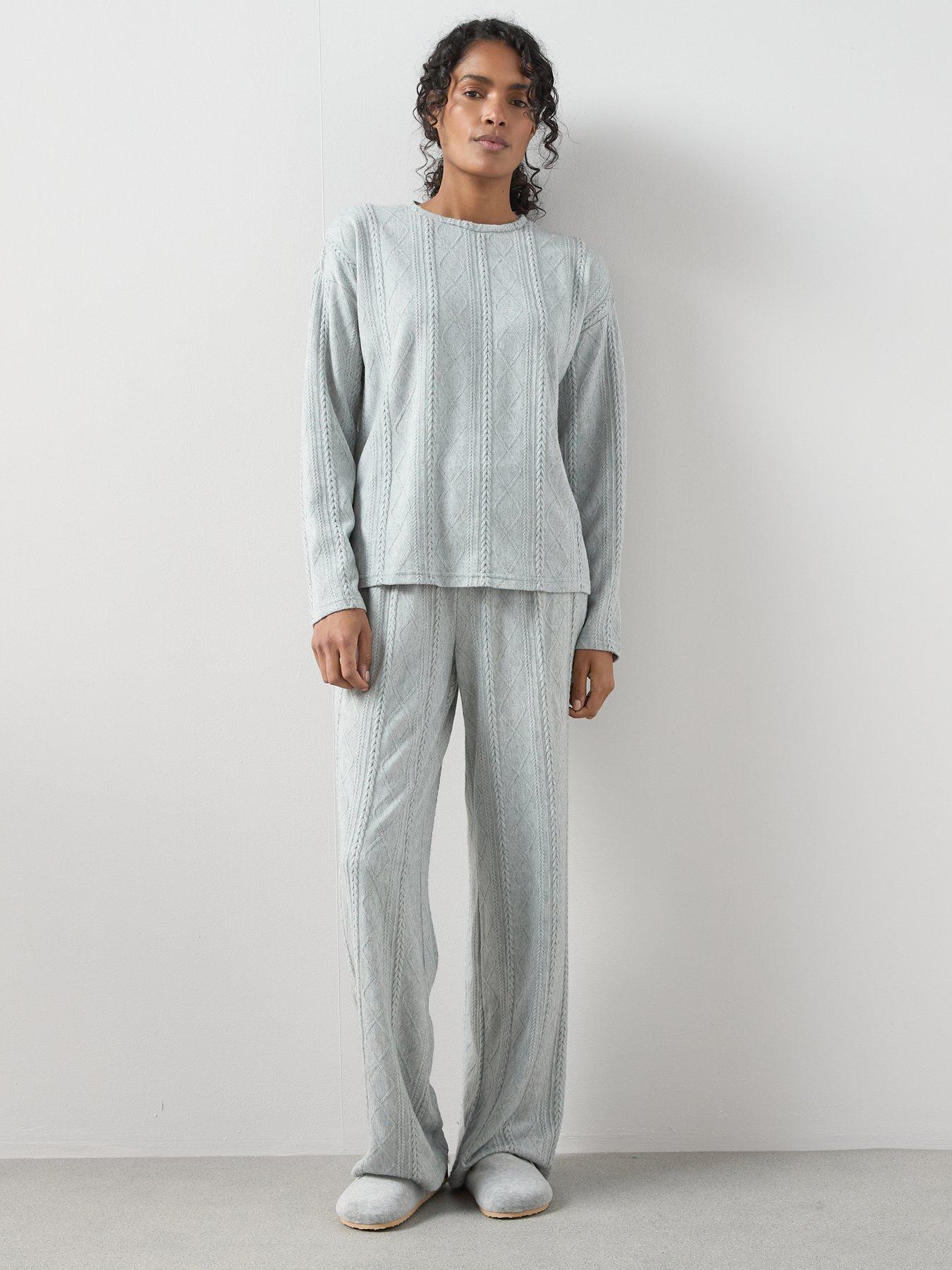  image of the-very-collection-cable-knit-long-sleeve-and-wide-leg-lounge-set-grey