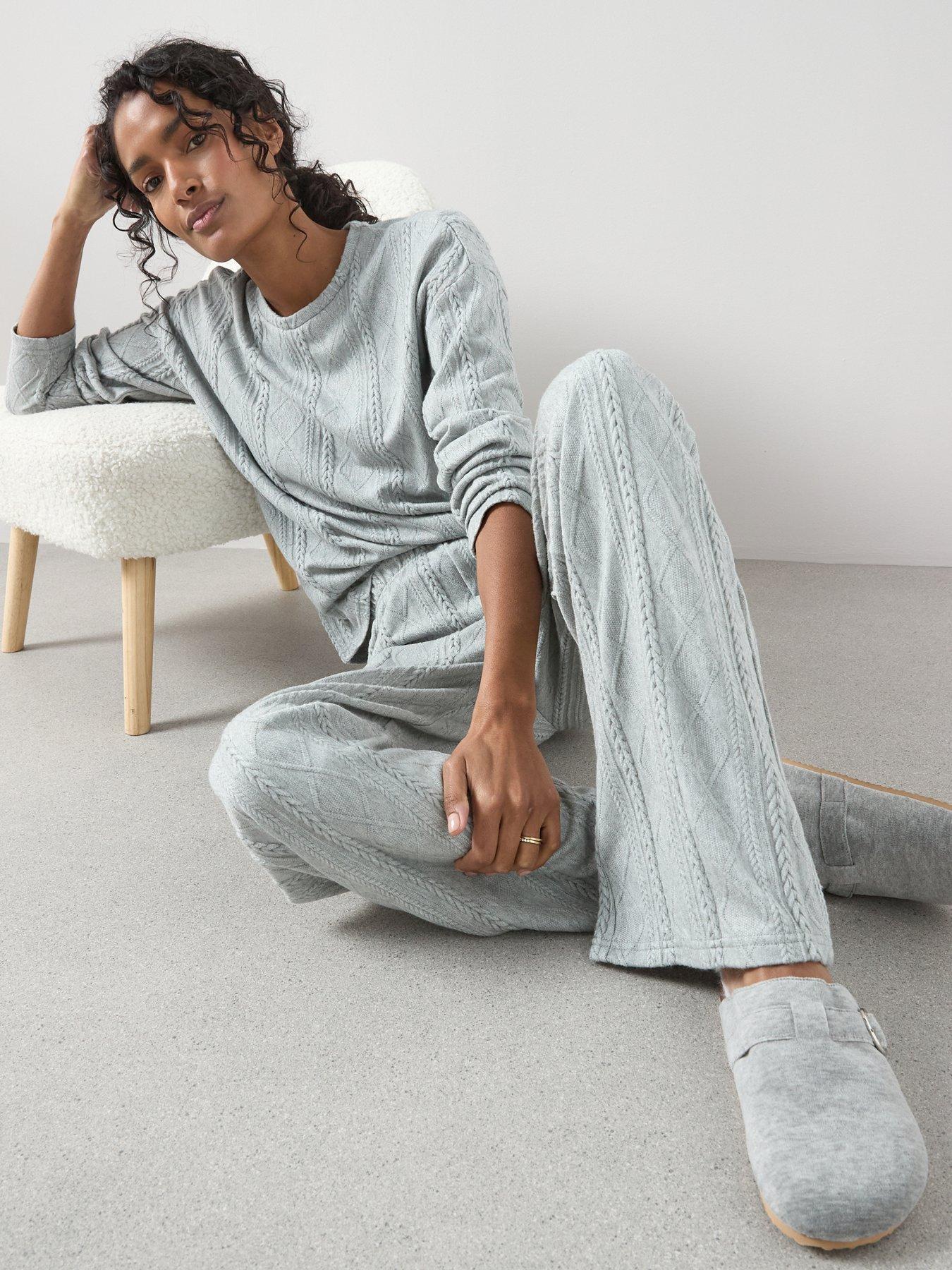  image of the-very-collection-cable-knit-long-sleeve-and-wide-leg-lounge-set-grey