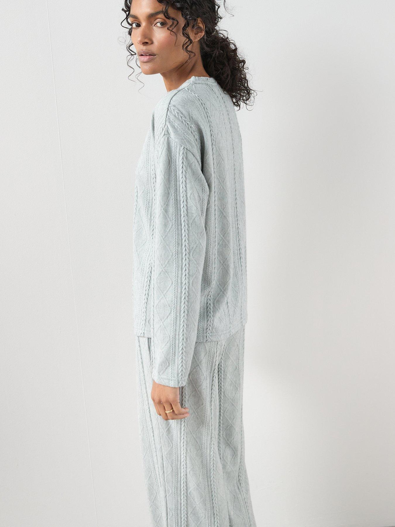 image of the-very-collection-cable-knit-long-sleeve-and-wide-leg-lounge-set-grey