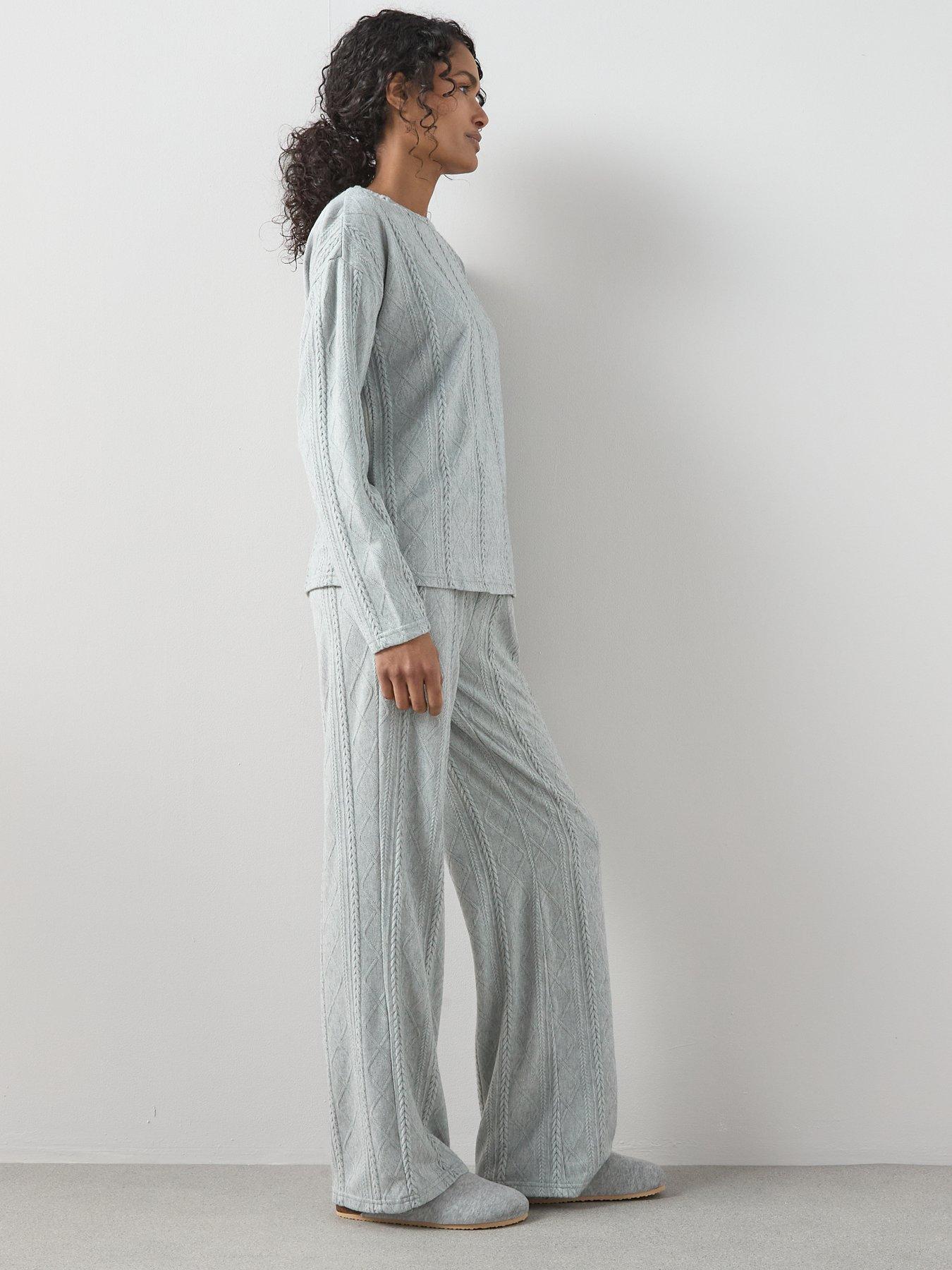  image of the-very-collection-cable-knit-long-sleeve-and-wide-leg-lounge-set-grey