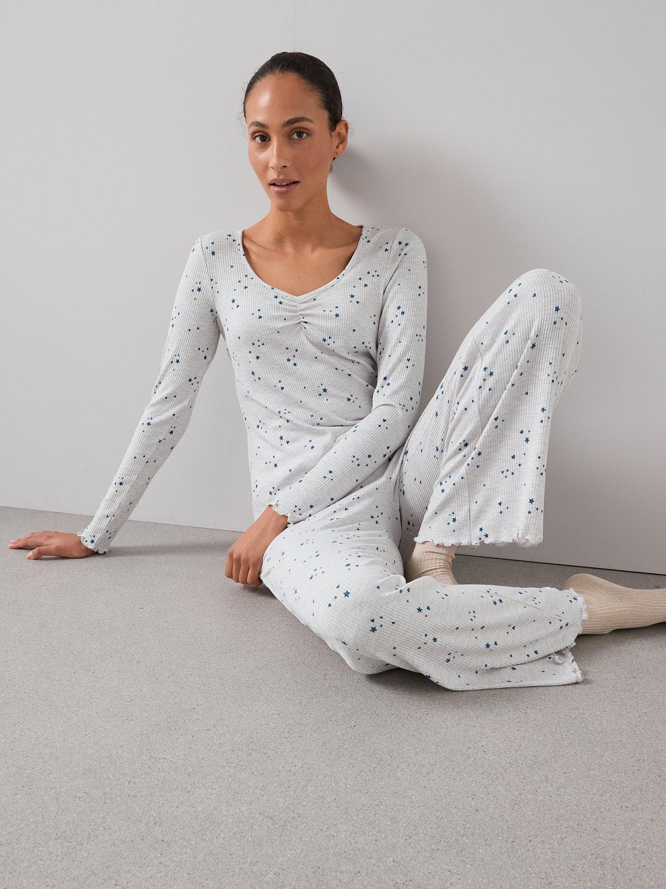 The Very Collection Pointelle Henley Disty Star Long Sleeve Top And Wide Leg Bottom - White