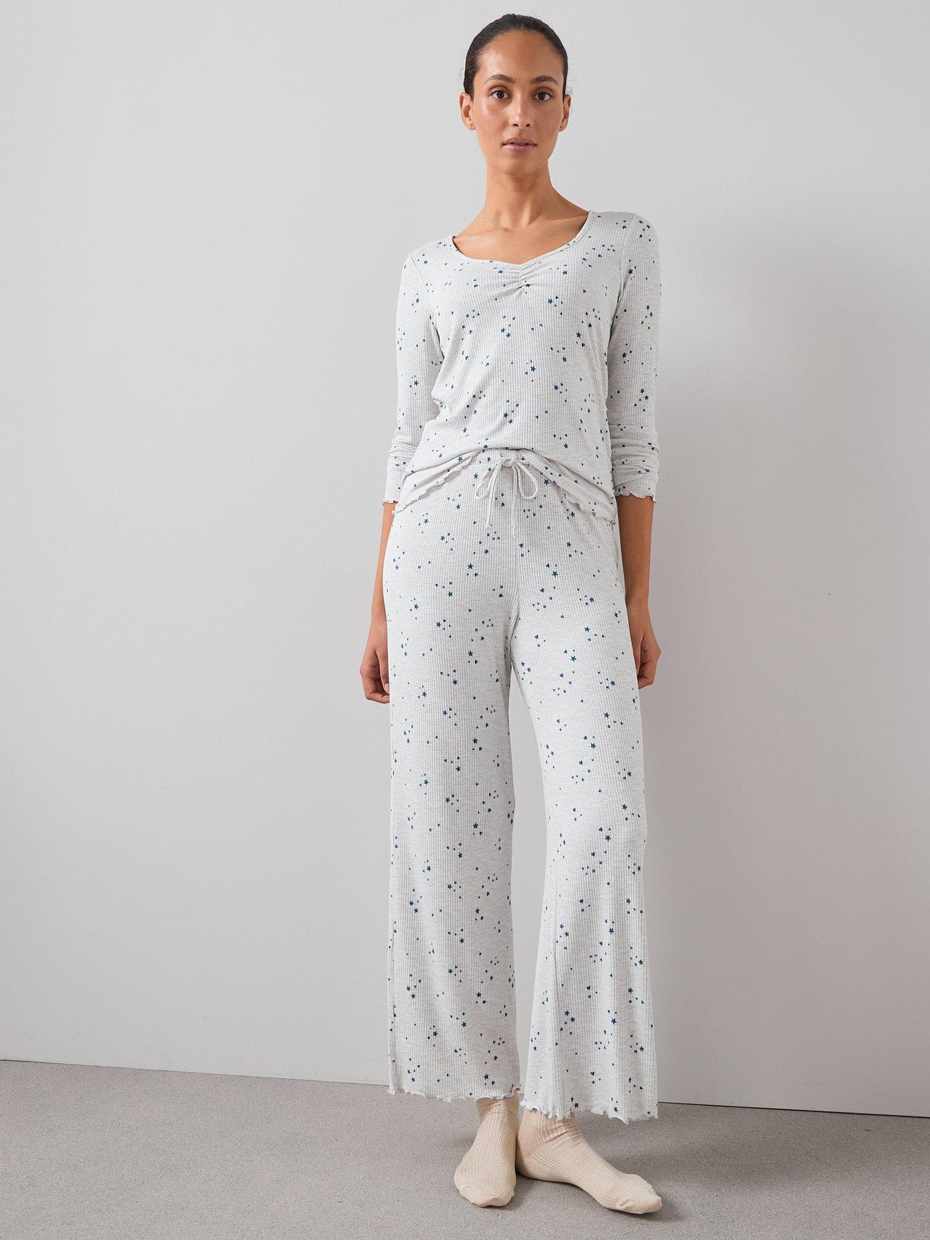 Image 6 of 6 of The Very Collection Pointelle Henley Disty Star Long Sleeve Top And Wide Leg Bottom - White