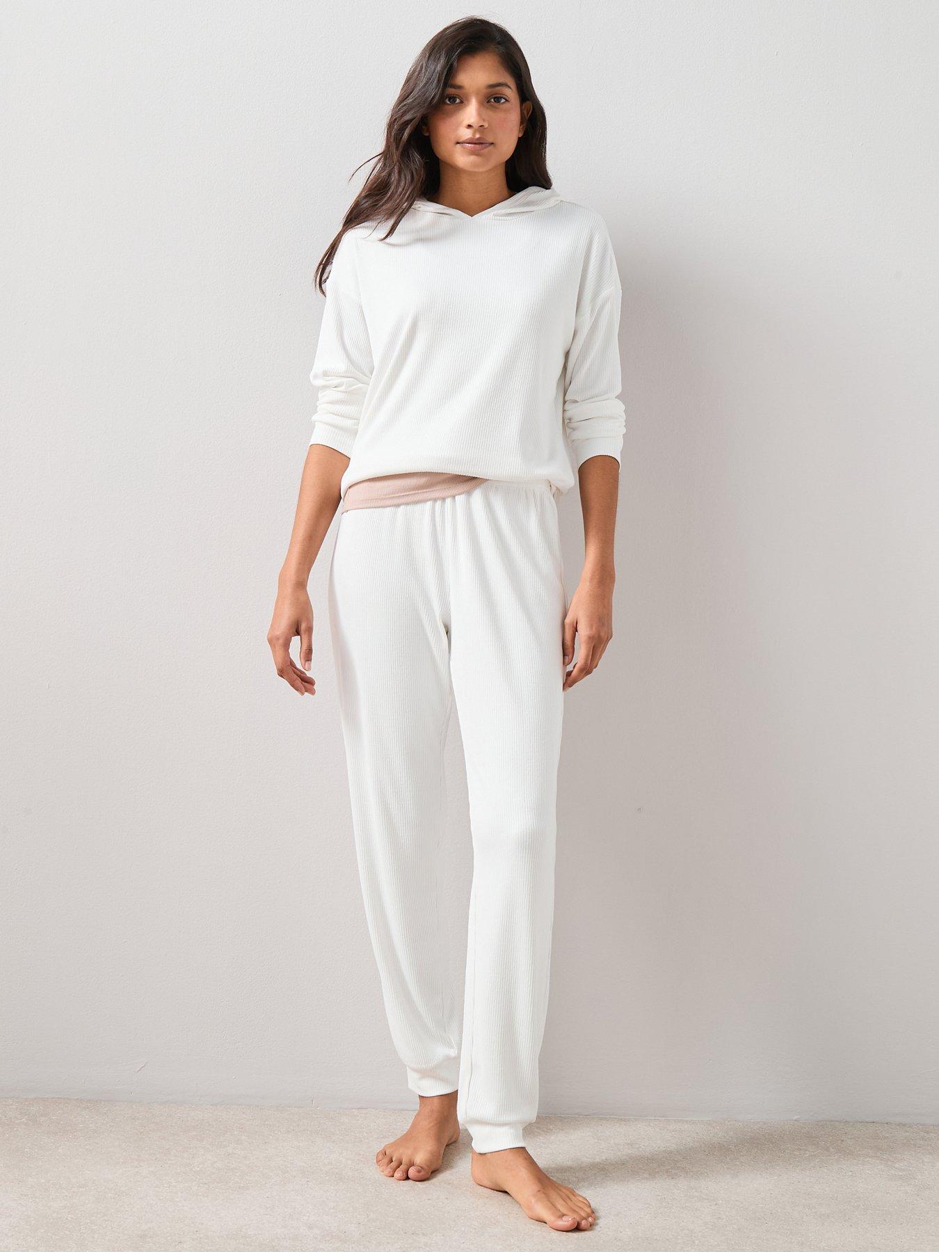  image of the-very-collection-soft-touch-rib-hooded-loungewear-set-cream