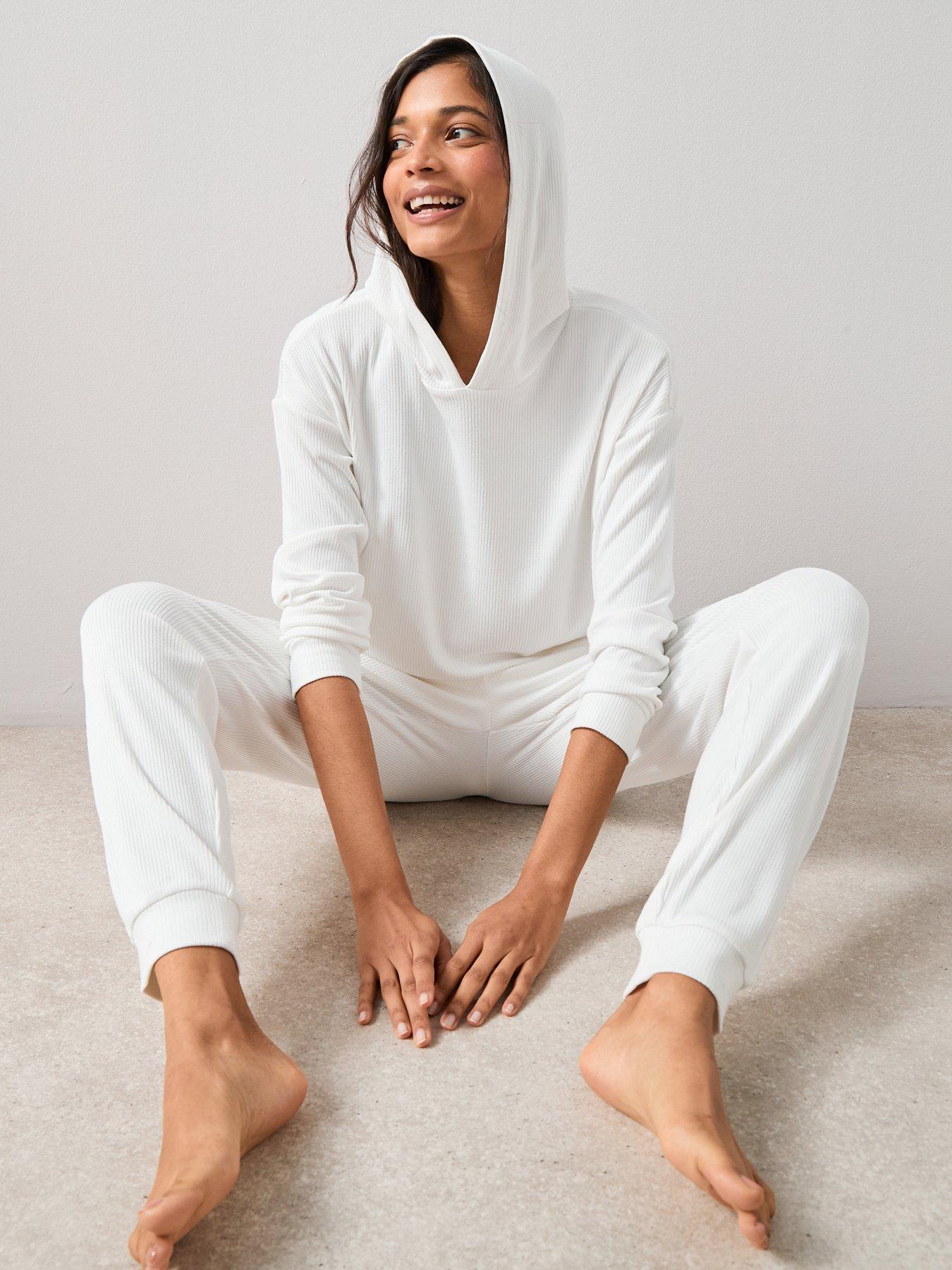  image of the-very-collection-soft-touch-rib-hooded-loungewear-set-cream