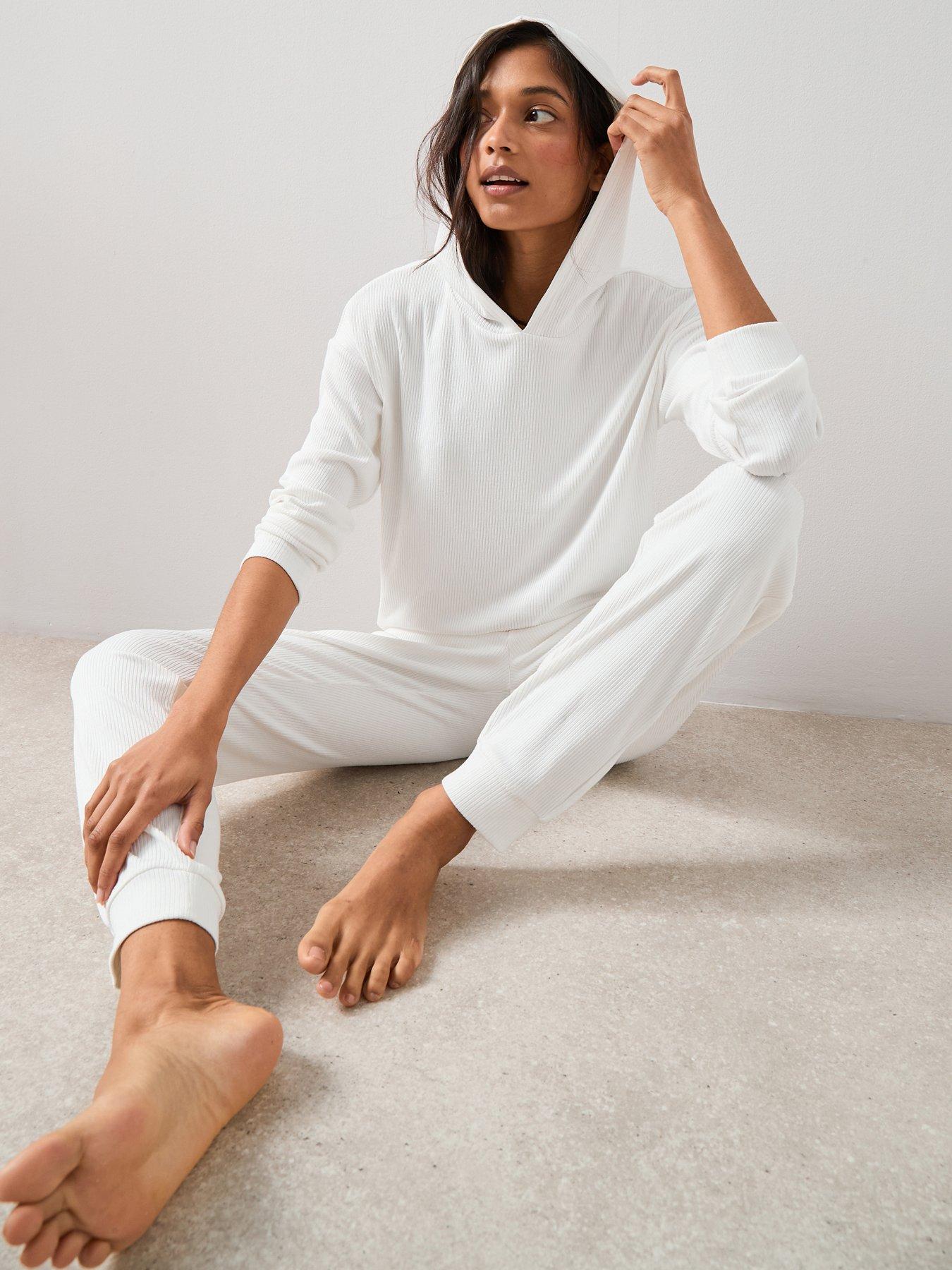  image of the-very-collection-soft-touch-rib-hooded-loungewear-set-cream