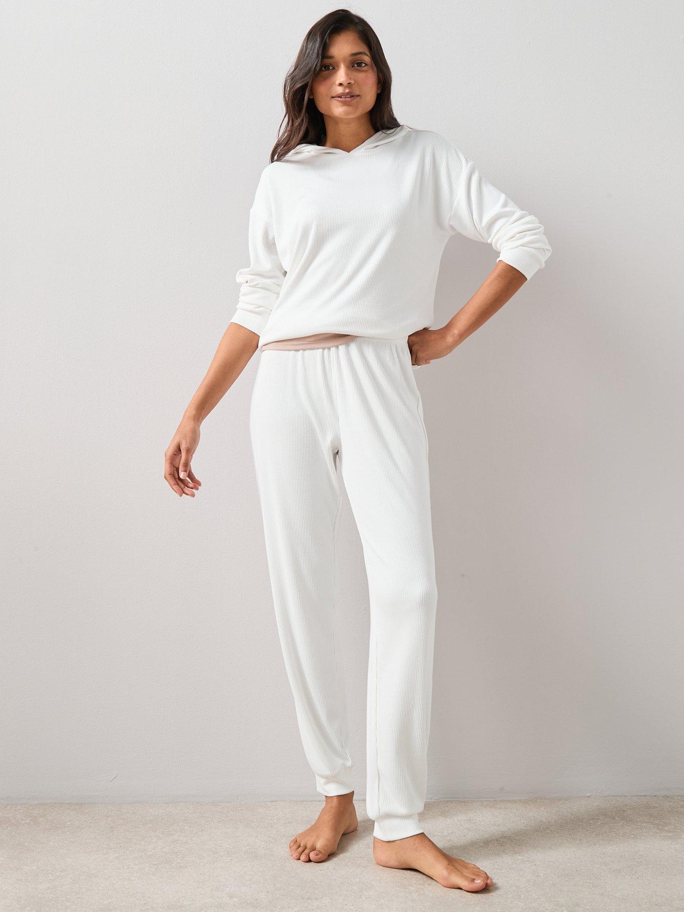  image of the-very-collection-soft-touch-rib-hooded-loungewear-set-cream