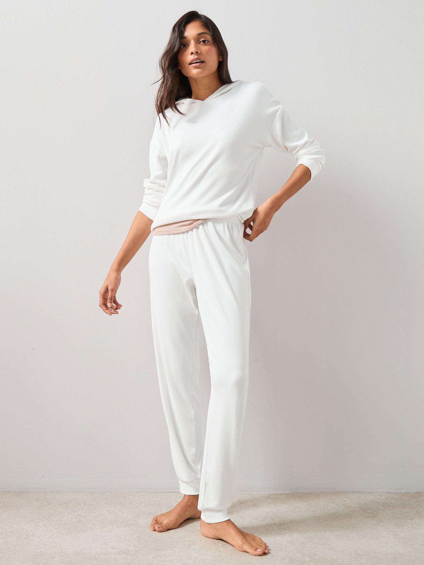  image of the-very-collection-soft-touch-rib-hooded-loungewear-set-cream