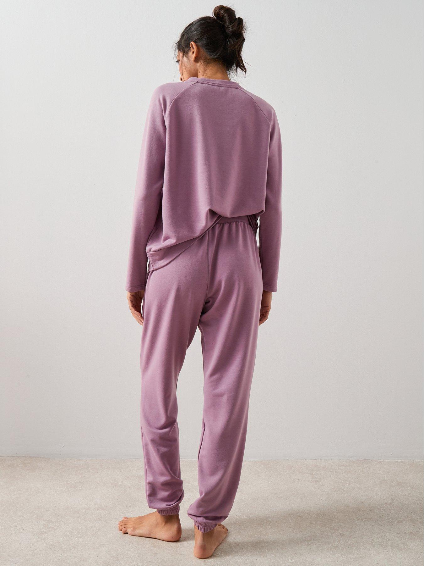  image of the-very-collection-soft-touch-slogan-sweat-and-jogger-loungewear-set-purple