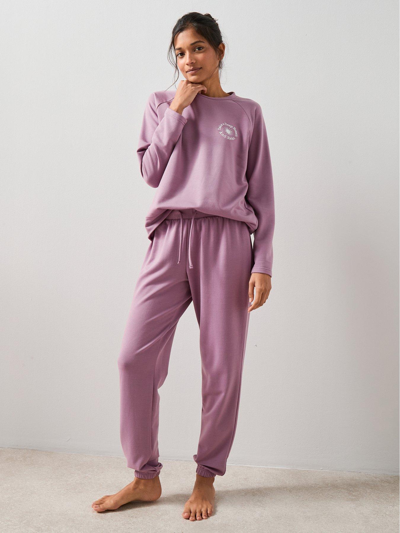  image of the-very-collection-soft-touch-slogan-sweat-and-jogger-loungewear-set-purple