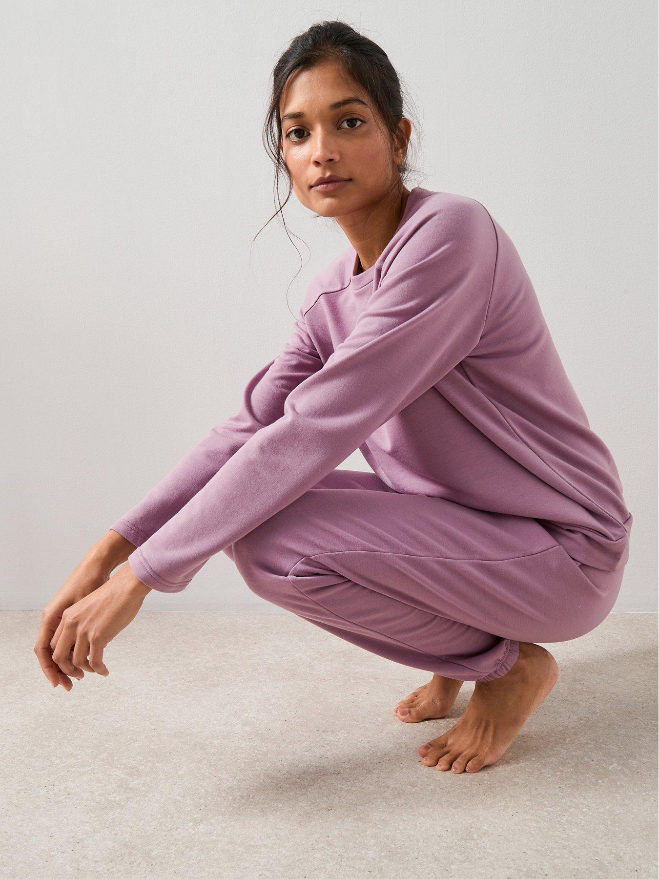  image of the-very-collection-soft-touch-slogan-sweat-and-jogger-loungewear-set-purple