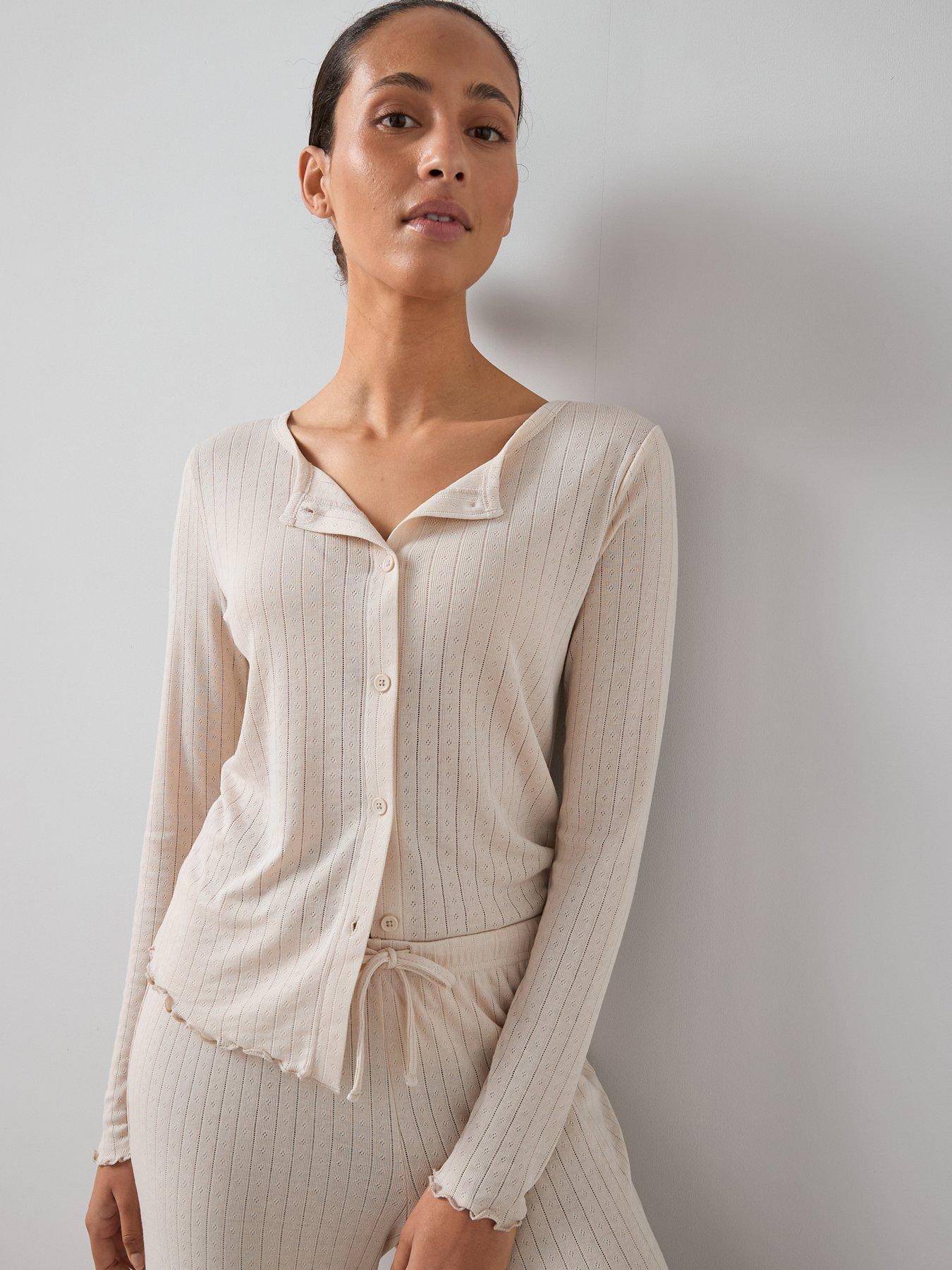Image 4 of 7 of The Very Collection Pointelle Button Through Cardigan With Wide Leg Pyjama Set - Cream