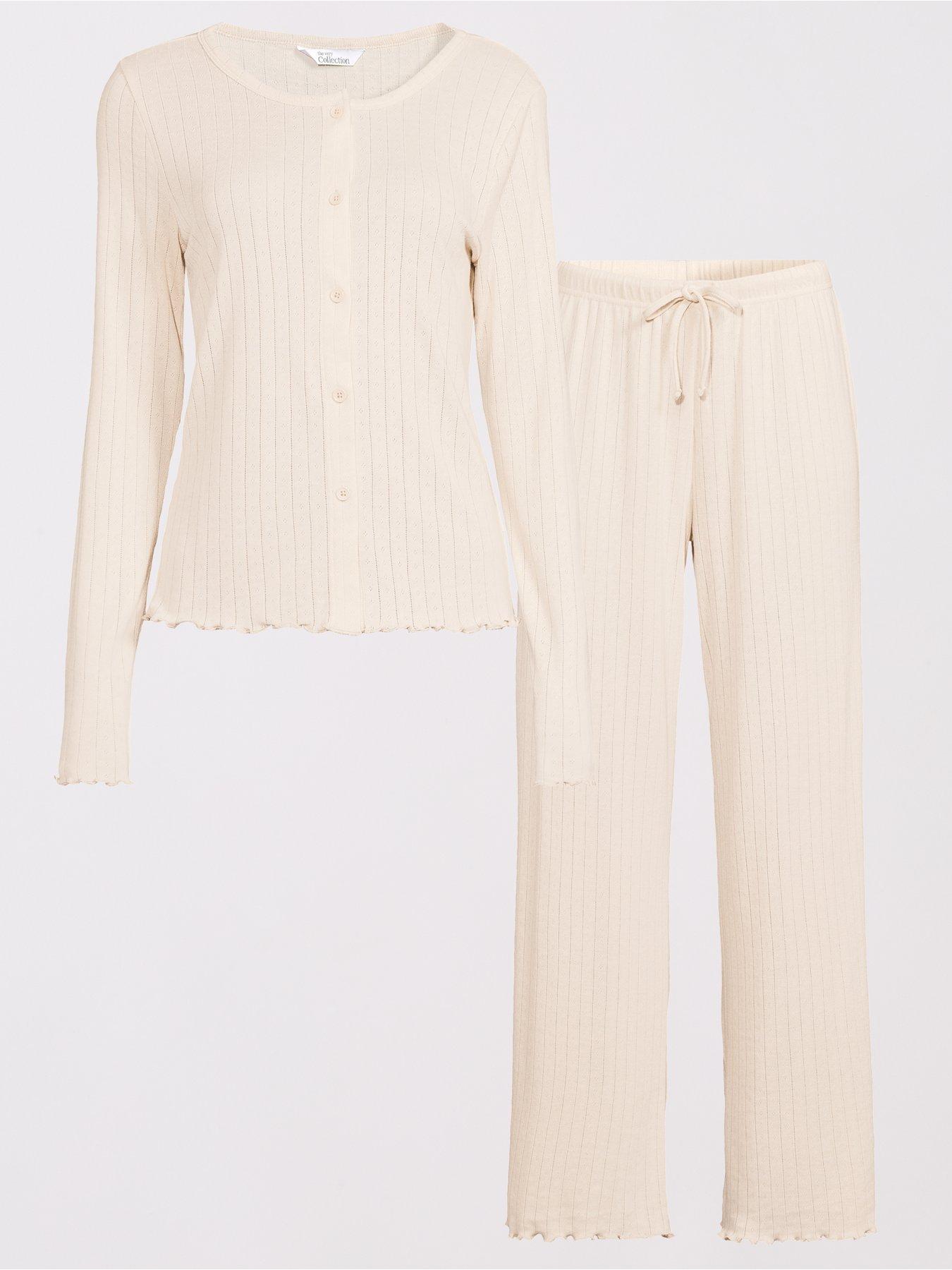 Image 7 of 7 of The Very Collection Pointelle Button Through Cardigan With Wide Leg Pyjama Set - Cream