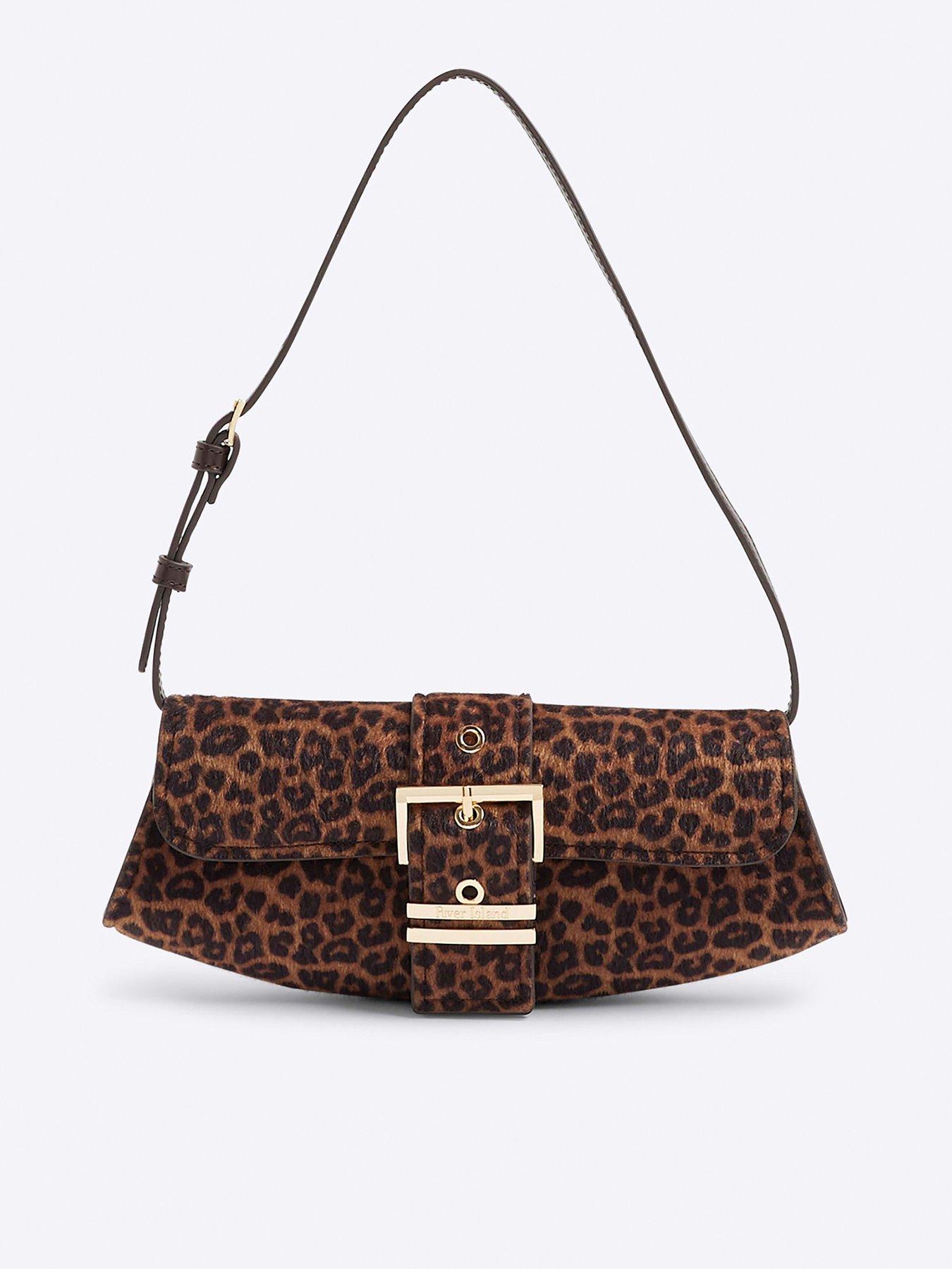 Image 1 of 5 of River Island Leopard Buckle Front Shoulder Bag - Brown