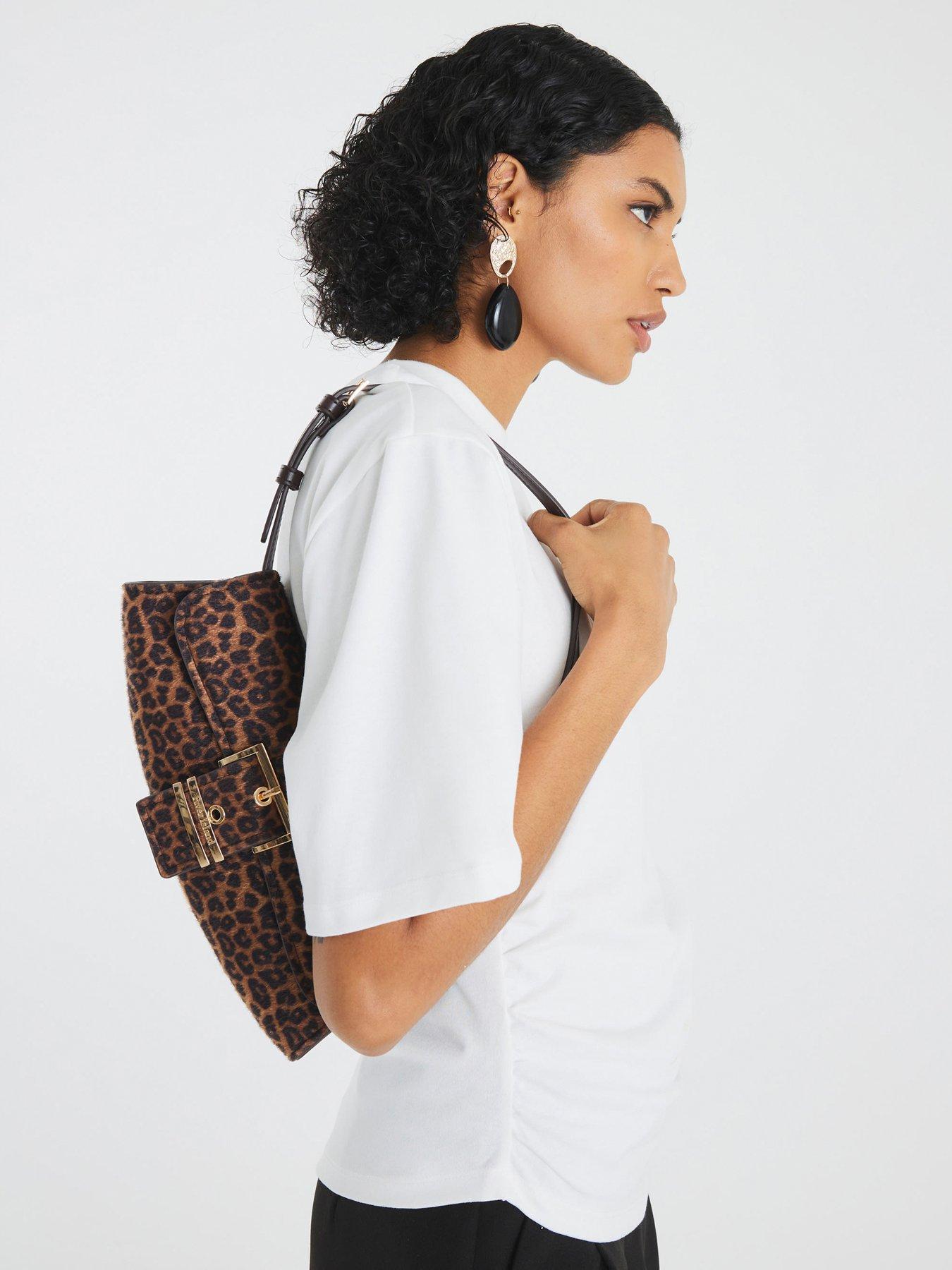 Image 2 of 5 of River Island Leopard Buckle Front Shoulder Bag - Brown