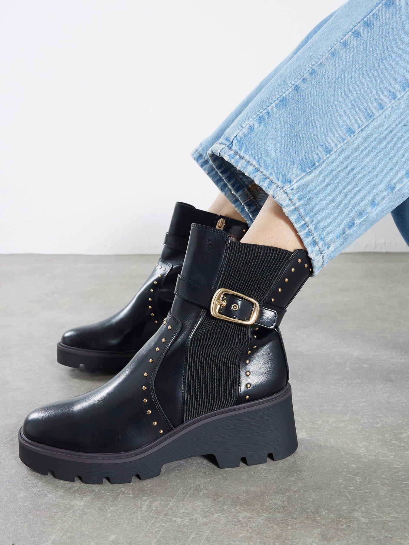 Image 1 of 5 of River Island Wide Studded Buckle Wedge Boot - Black