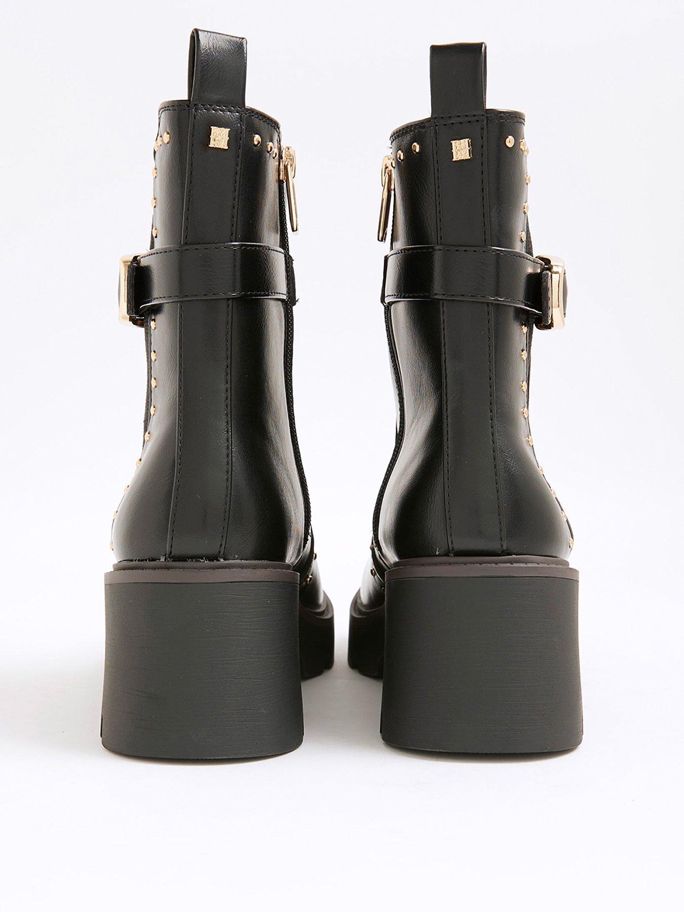 Image 2 of 5 of River Island Wide Studded Buckle Wedge Boot - Black