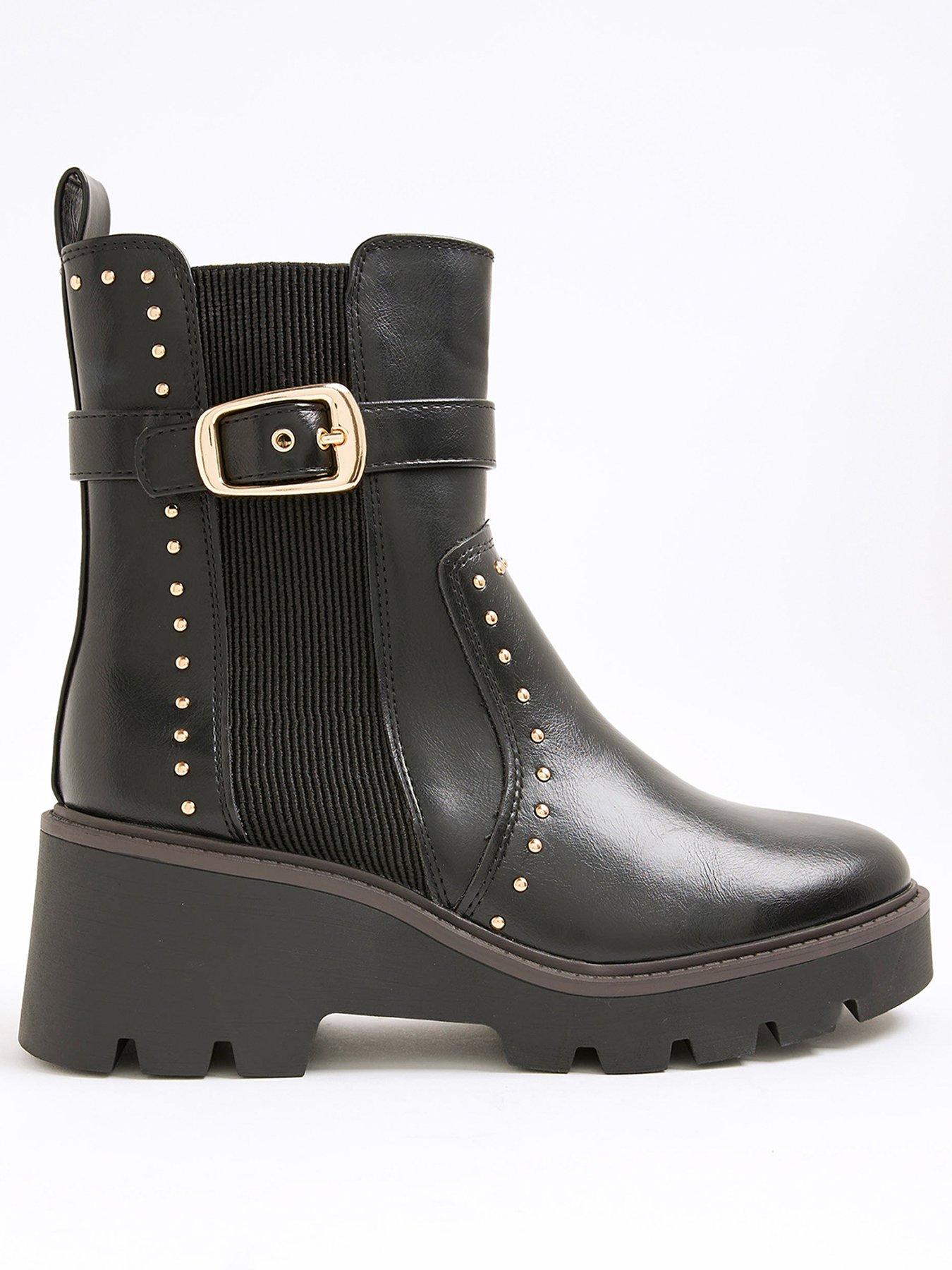 Image 3 of 5 of River Island Wide Studded Buckle Wedge Boot - Black