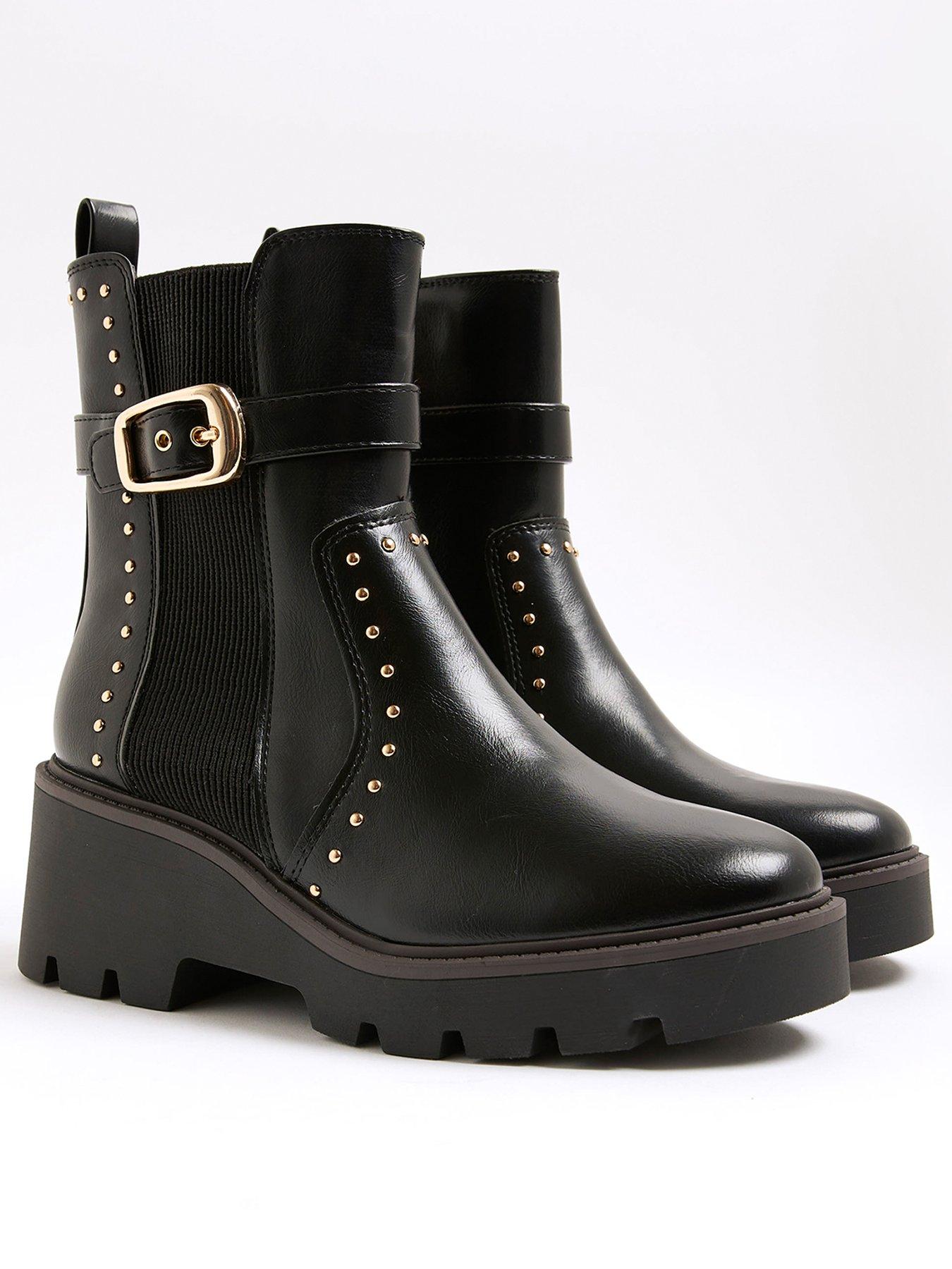 Image 4 of 5 of River Island Wide Studded Buckle Wedge Boot - Black