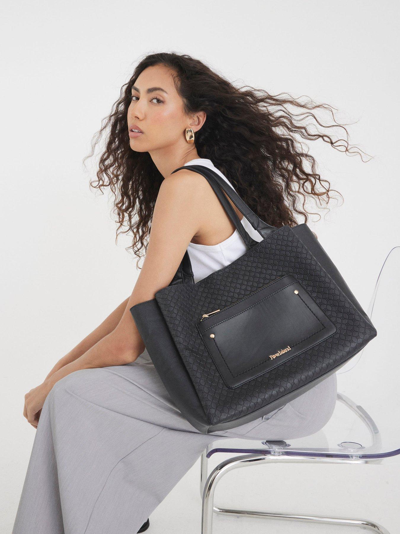 undefined Pocket Front Embossed Shopper Bag - Black