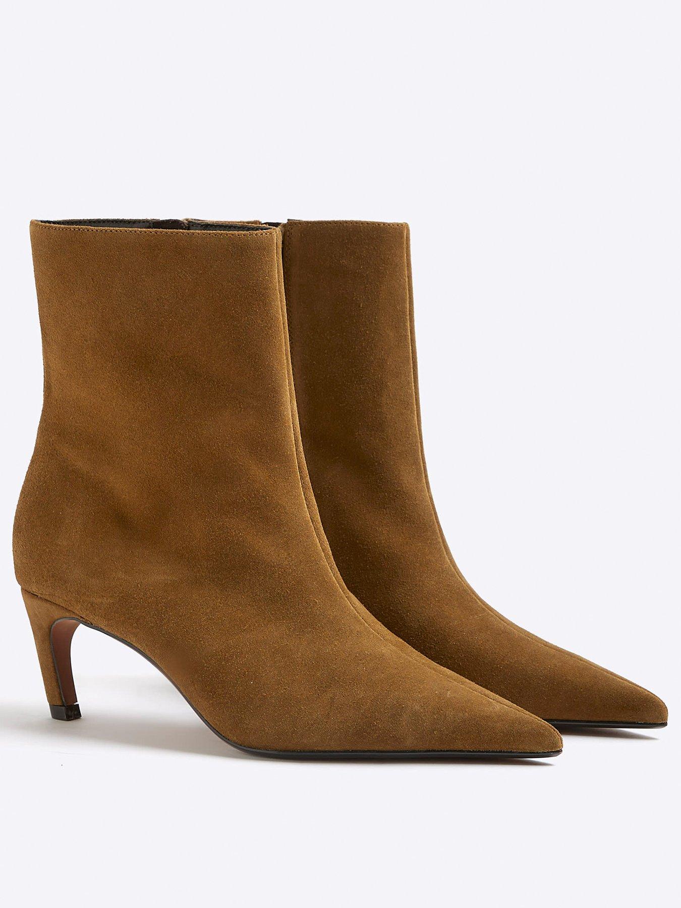 Image 4 of 5 of River Island Suede Point Kitten Heel Boot - Brown
