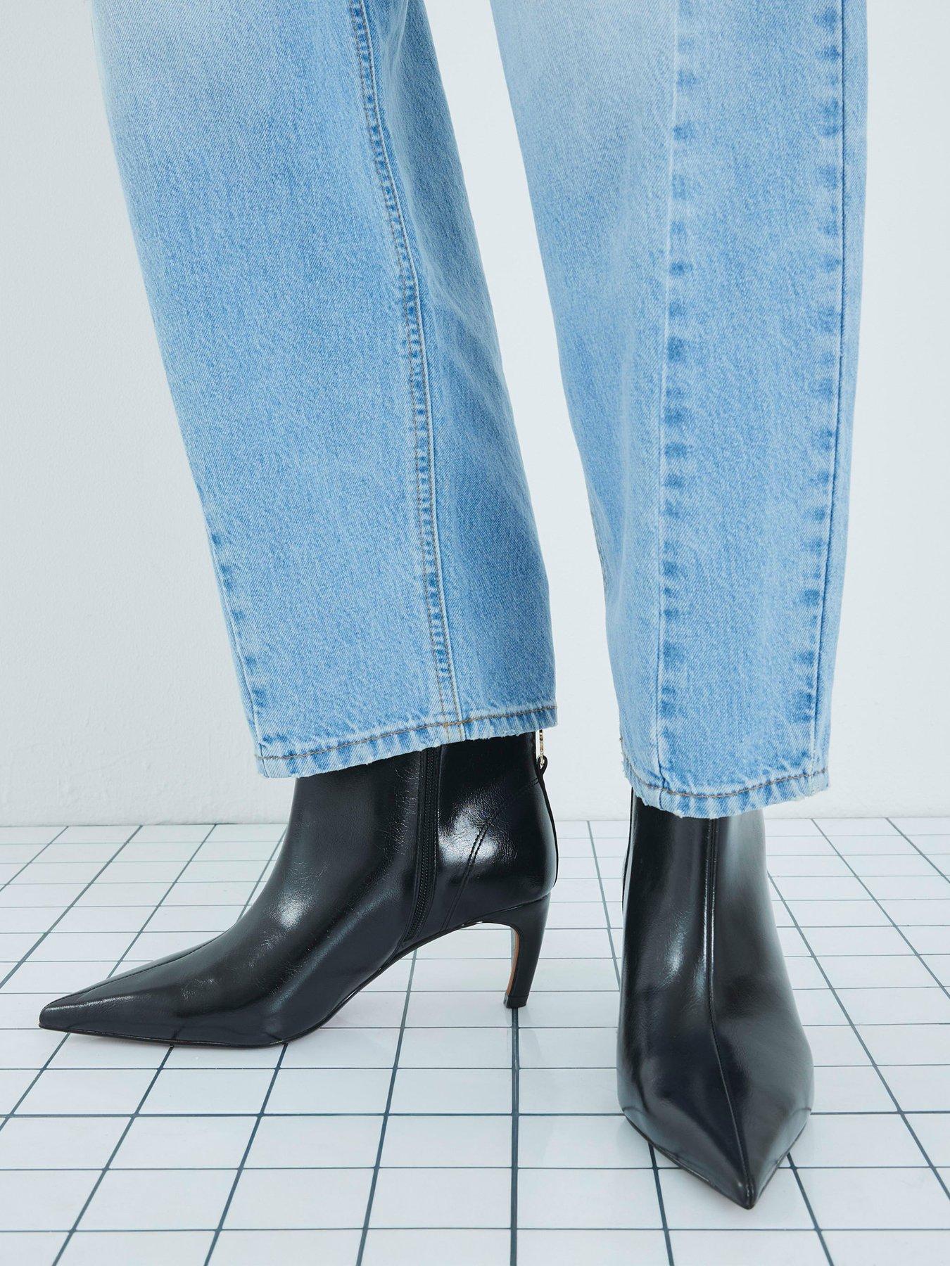 River Island Point Toe Kitten Heel Boot - Black