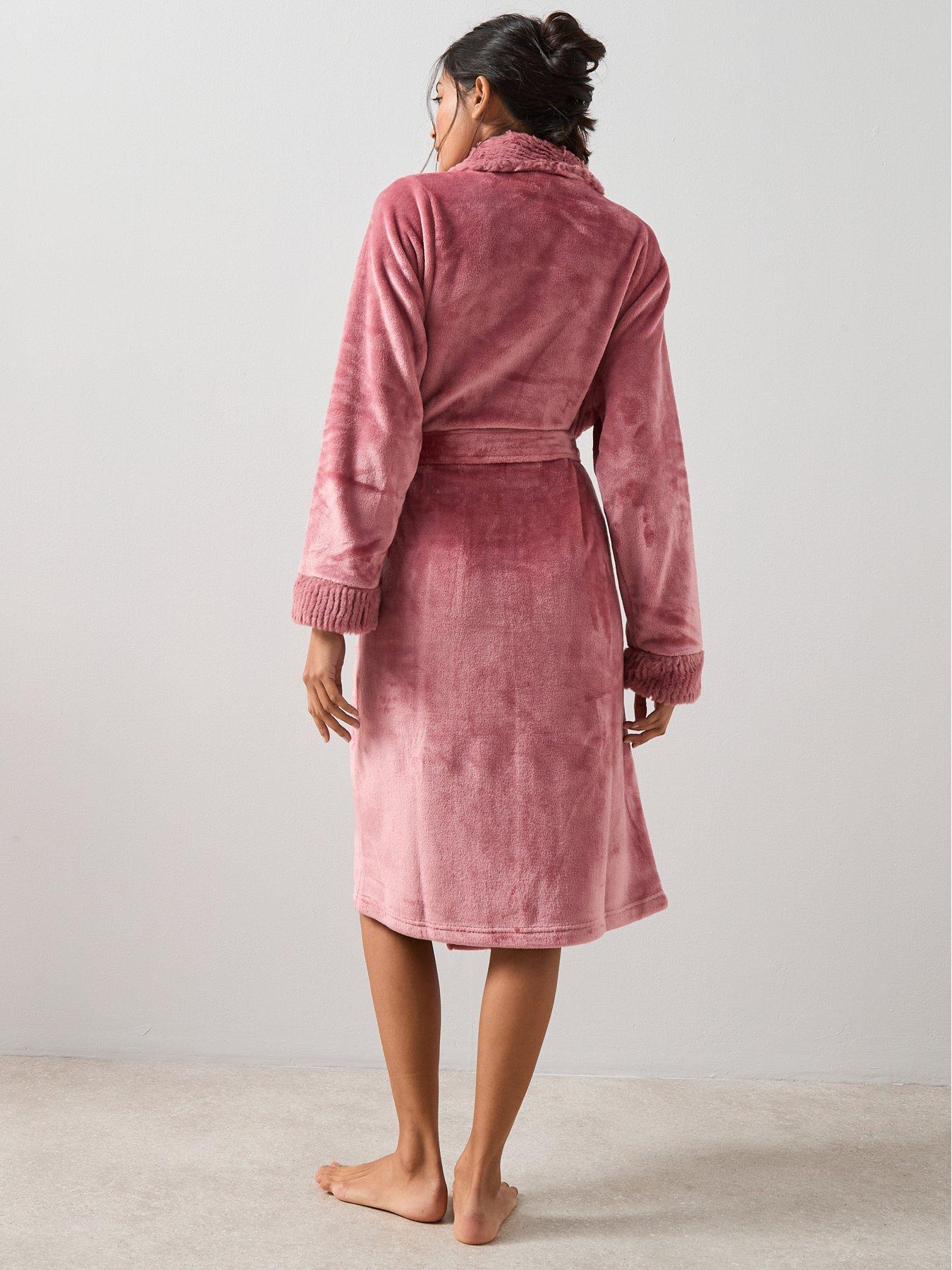 Image 2 of 7 of The Very Collection Faux&nbsp;Fur Trim Dressing Gown - Pink