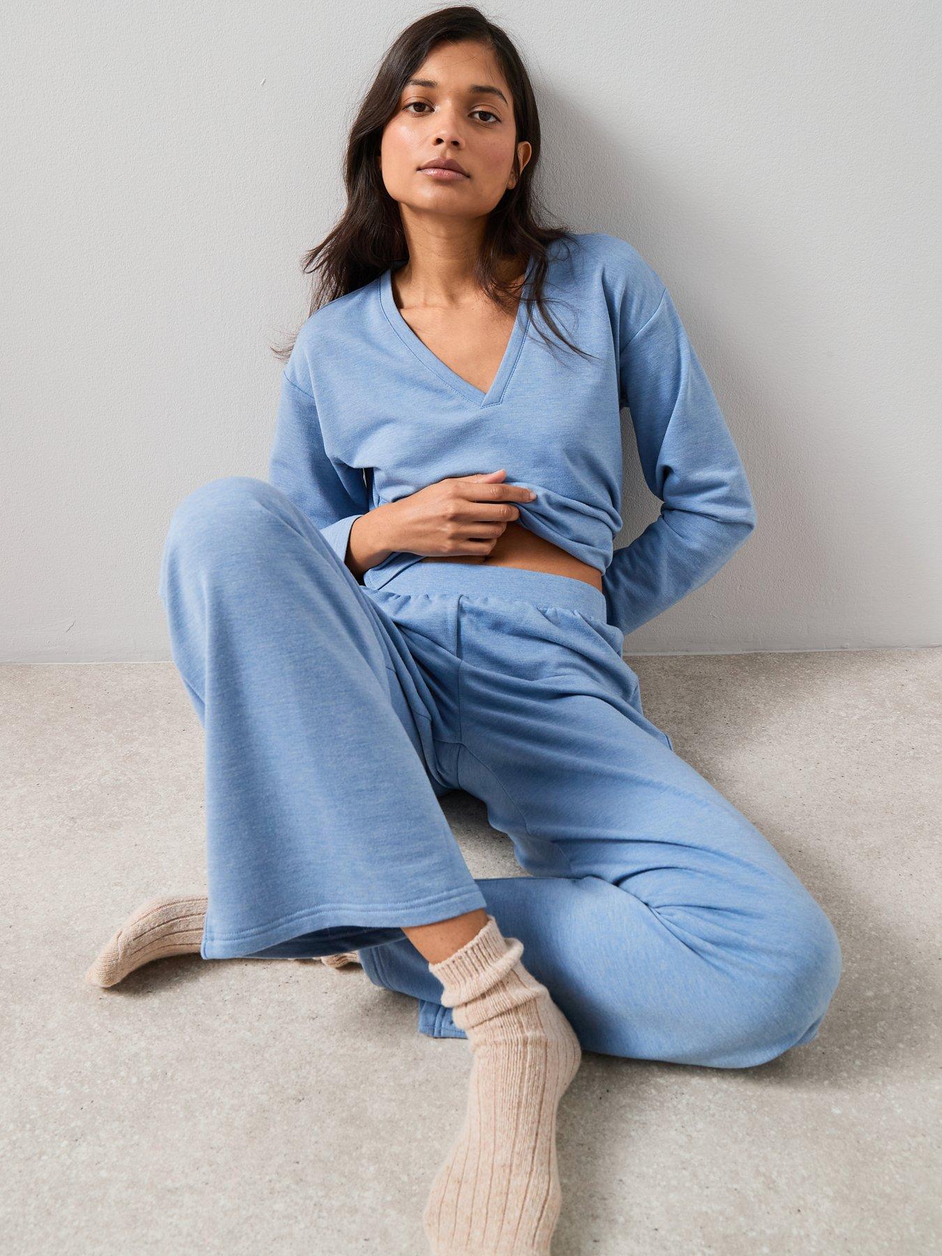  image of the-very-collection-v-neck-long-sleeve-top-and-wide-leg-loungewear-set-blue
