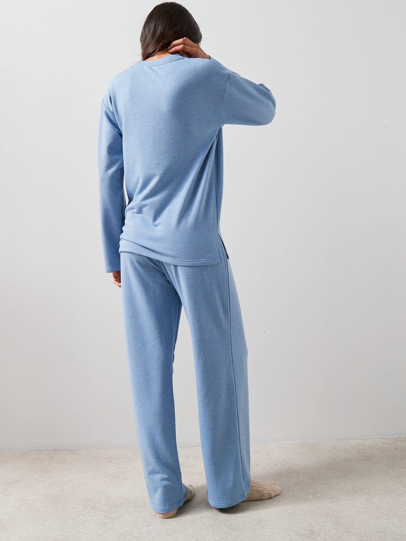 stillFront image of the-very-collection-v-neck-long-sleeve-top-and-wide-leg-loungewear-set-blue