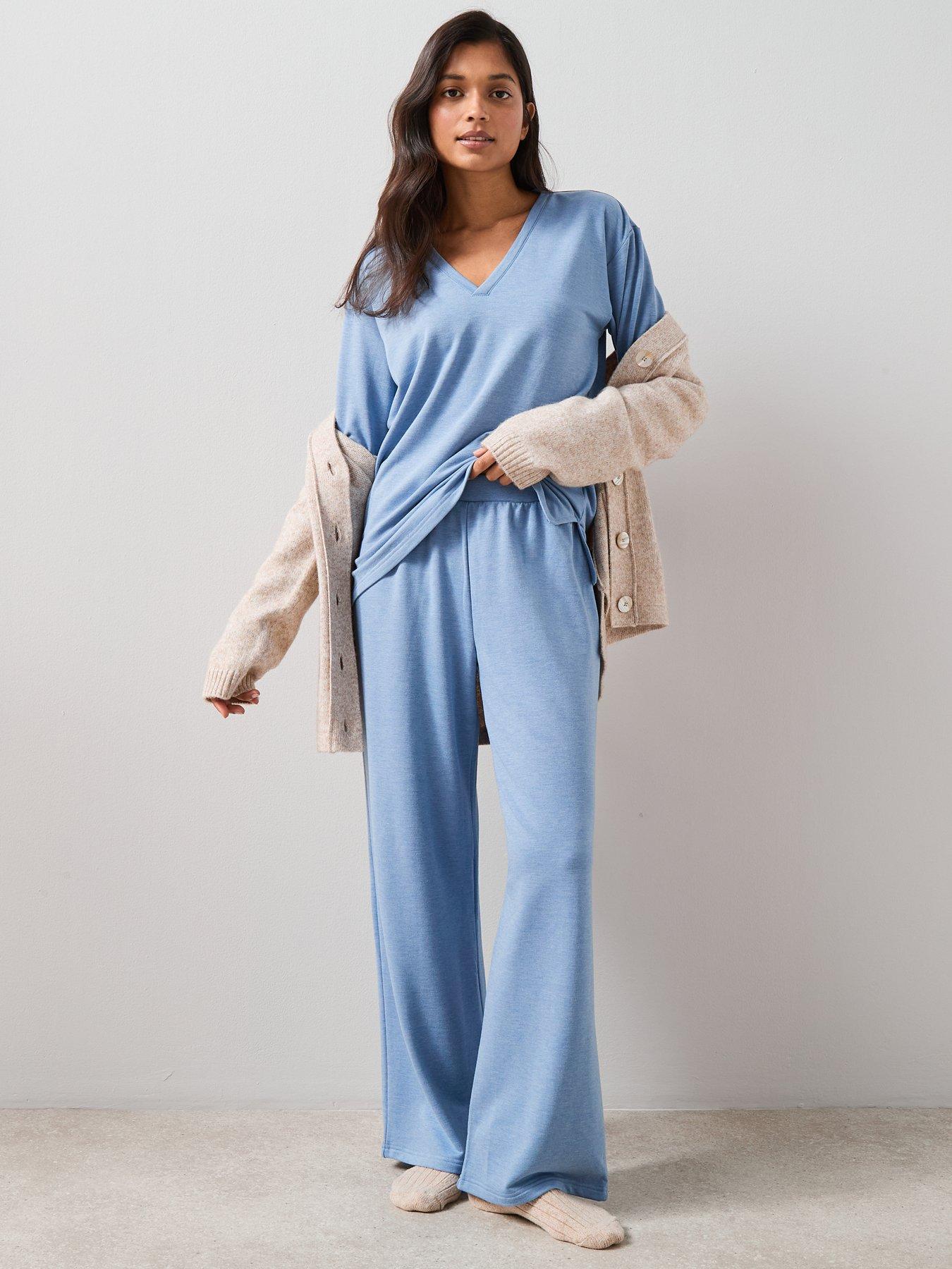  image of the-very-collection-v-neck-long-sleeve-top-and-wide-leg-loungewear-set-blue