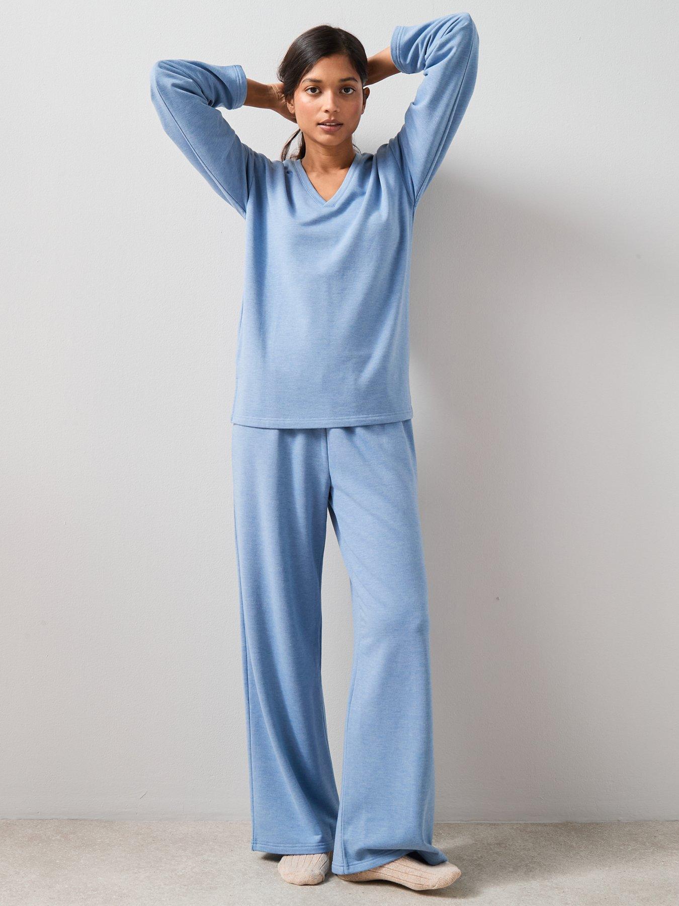  image of the-very-collection-v-neck-long-sleeve-top-and-wide-leg-loungewear-set-blue