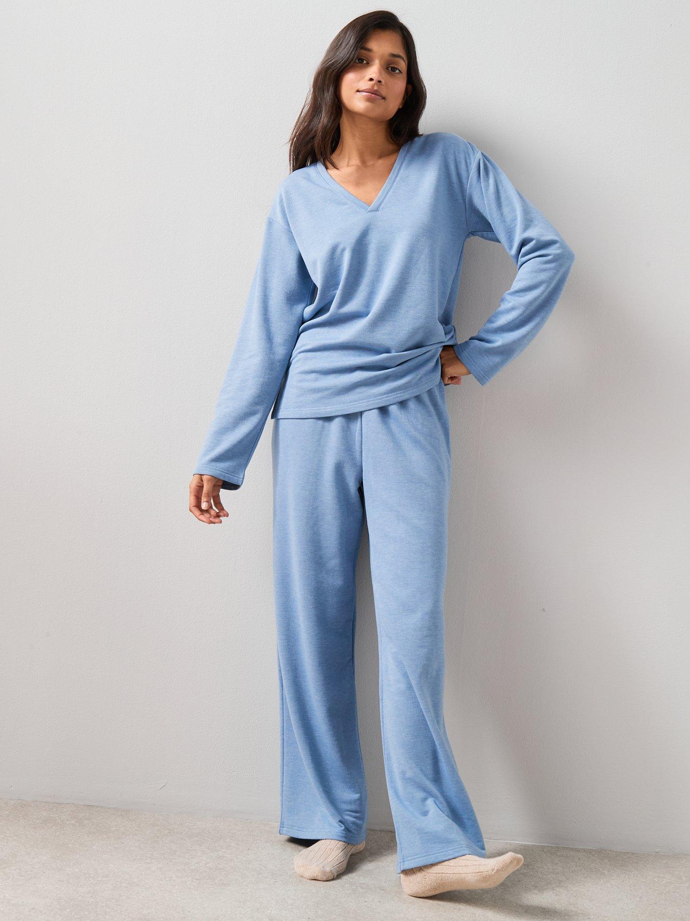  image of the-very-collection-v-neck-long-sleeve-top-and-wide-leg-loungewear-set-blue