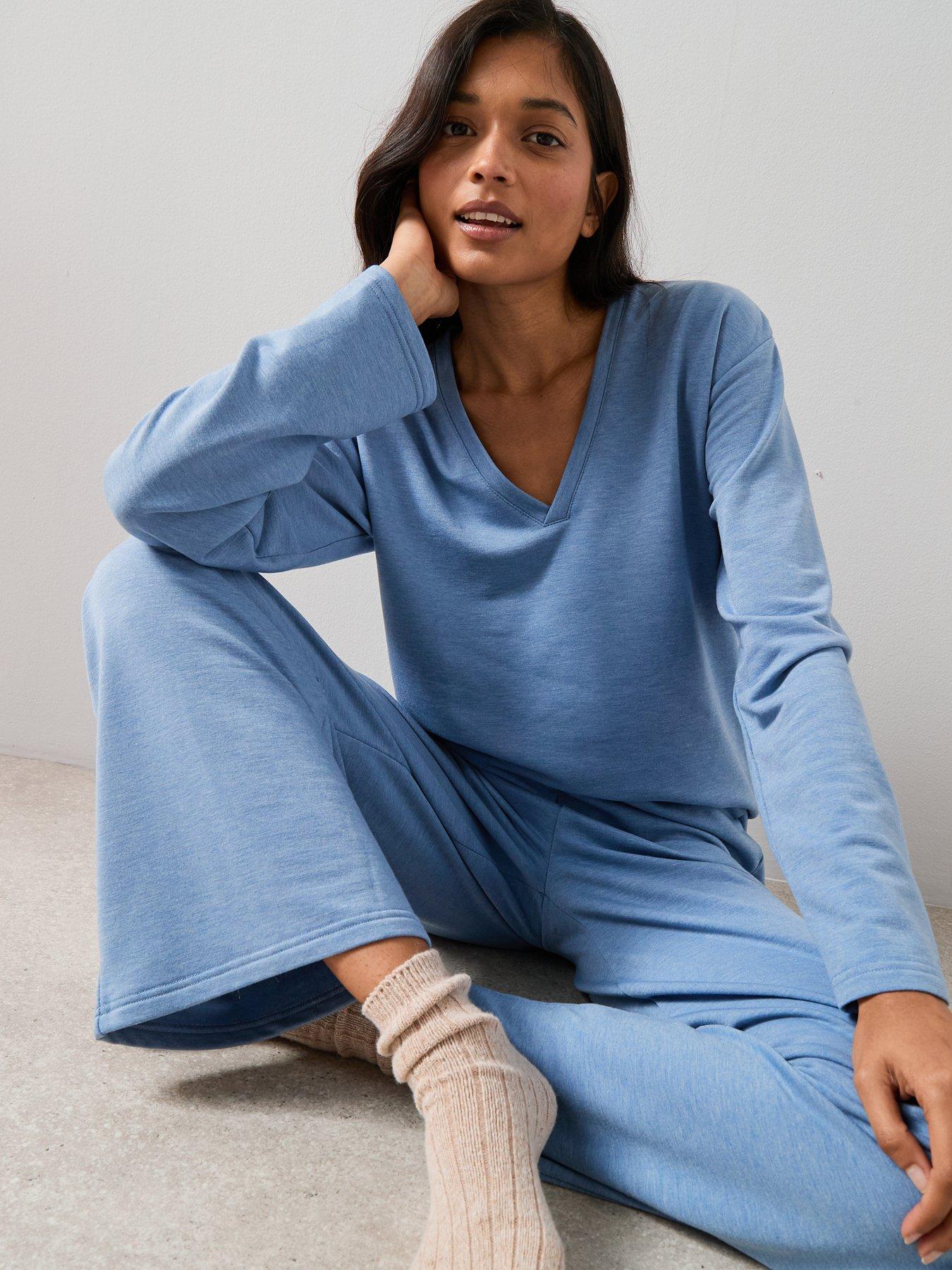  image of the-very-collection-v-neck-long-sleeve-top-and-wide-leg-loungewear-set-blue