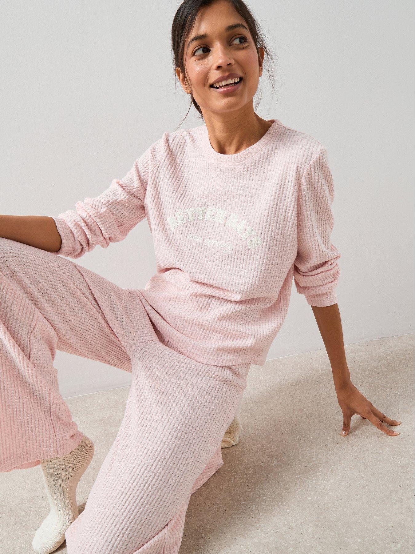 Image 1 of 7 of The Very Collection Waffle Textured Henley And Jogger Loungewear Set - Pink