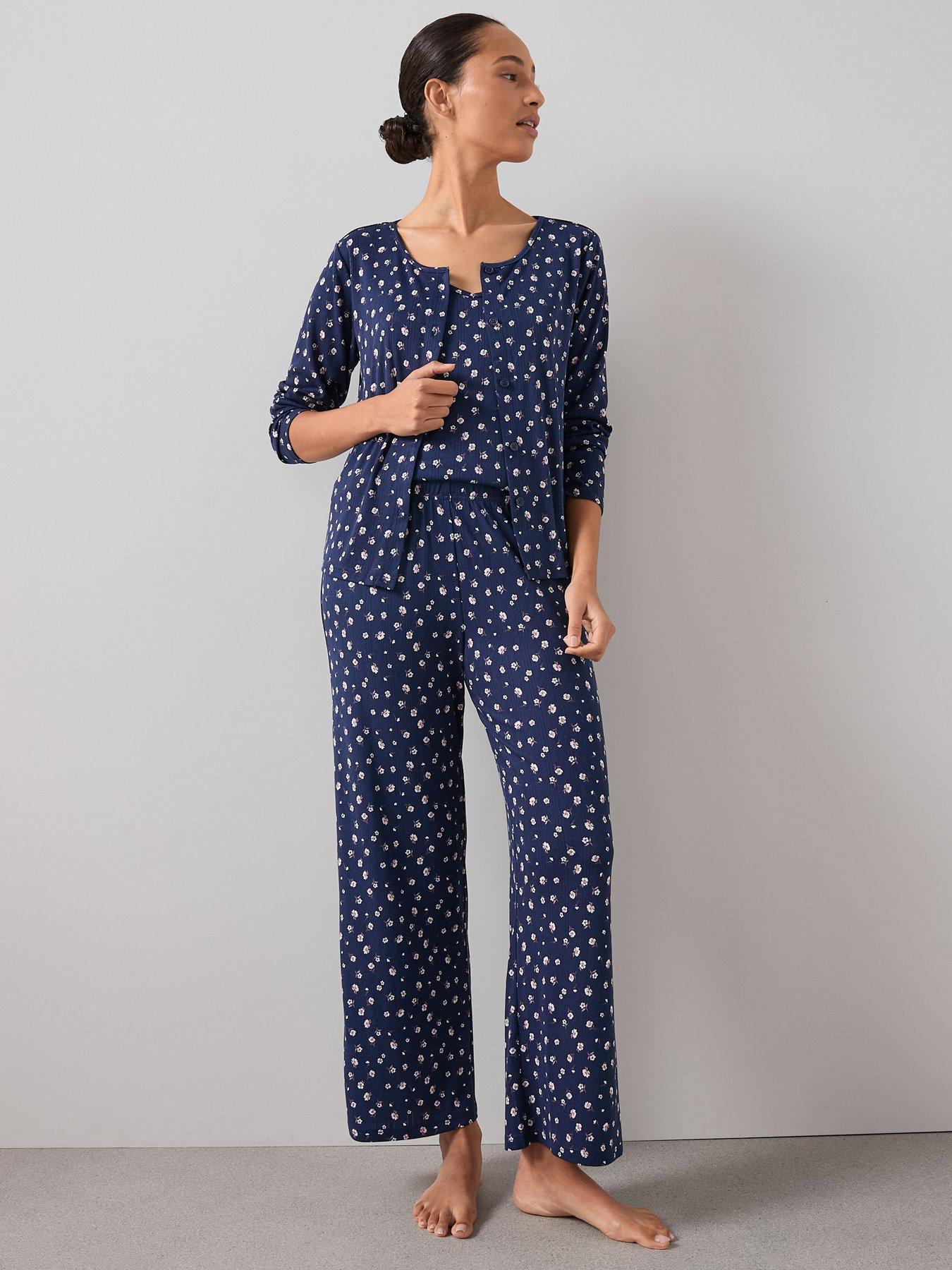The Very Collection 3 Piece Ditsy Floral Jersey Long Sleeve Top, Cardigan And Wide Leg Pyjama Set - Blue