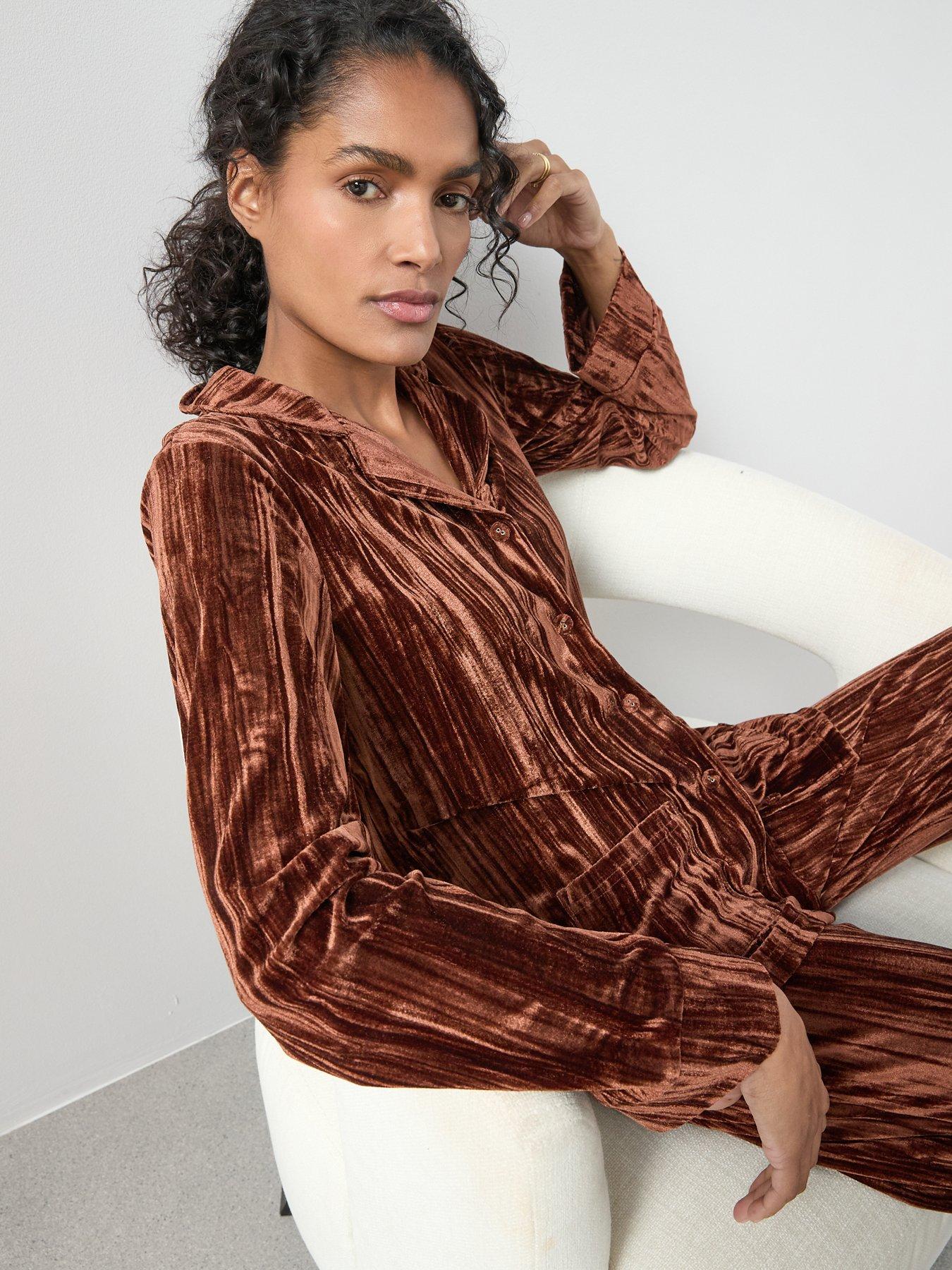  image of the-very-collection-crushed-velvet-revere-pj-set-brown