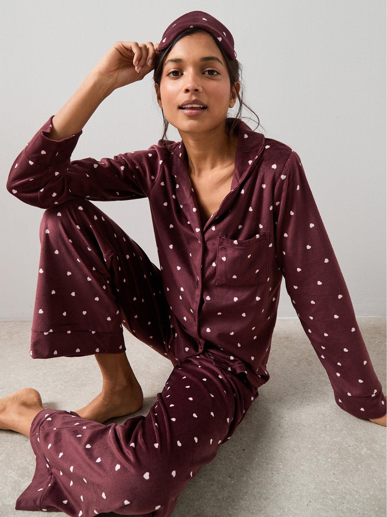  image of the-very-collection-baby-fleece-heart-print-revere-pyjama-set-with-eyemask-purple