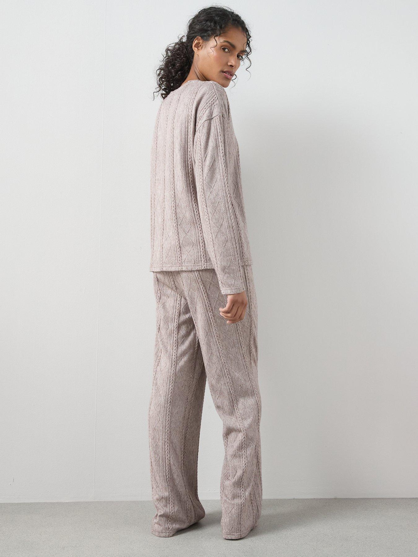 stillFront image of the-very-collection-cable-knit-long-sleeve-and-wide-leg-lounge-set-brown